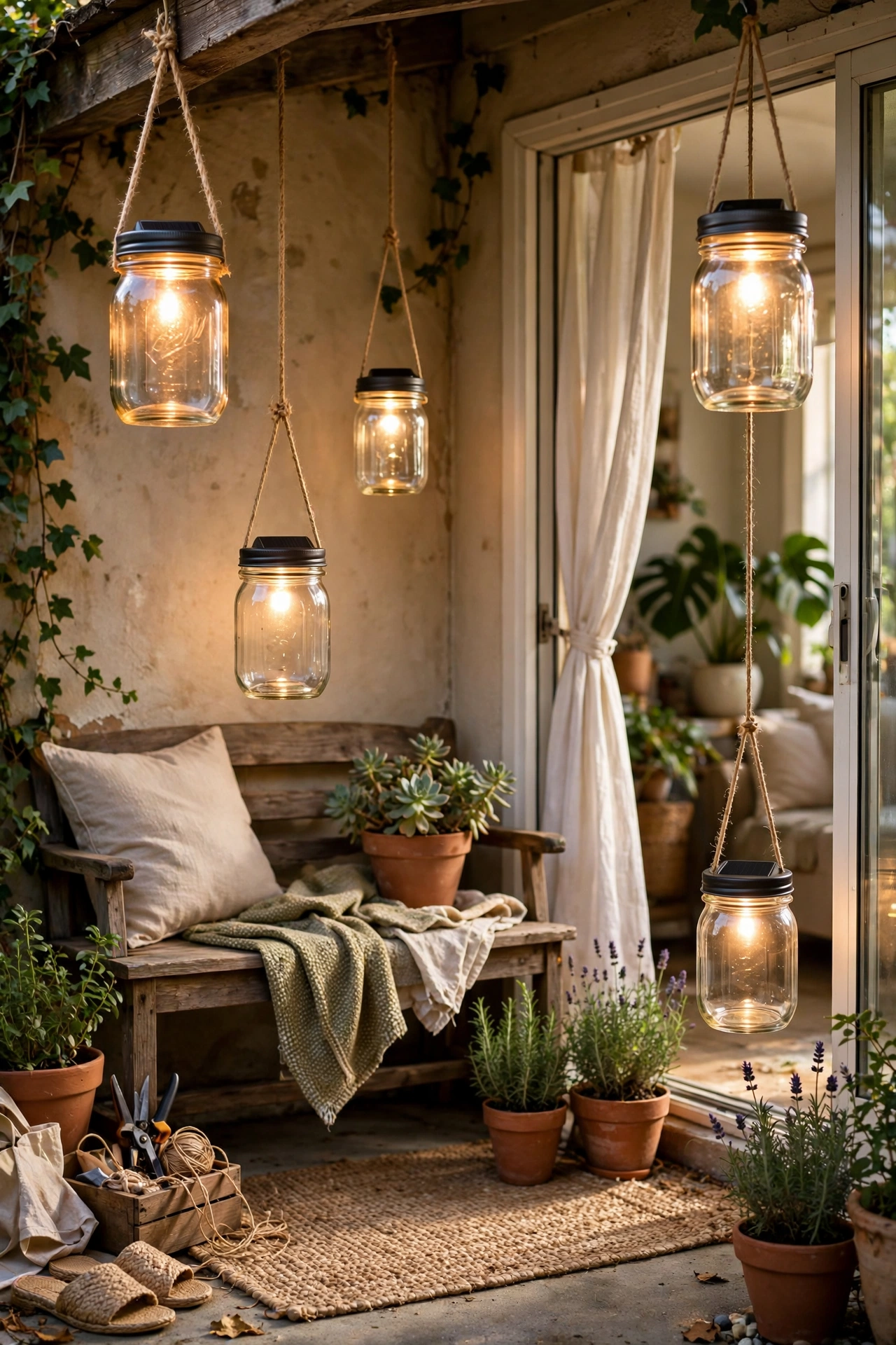 Mason jars with solar lids glowing like lanterns hung around a small patio