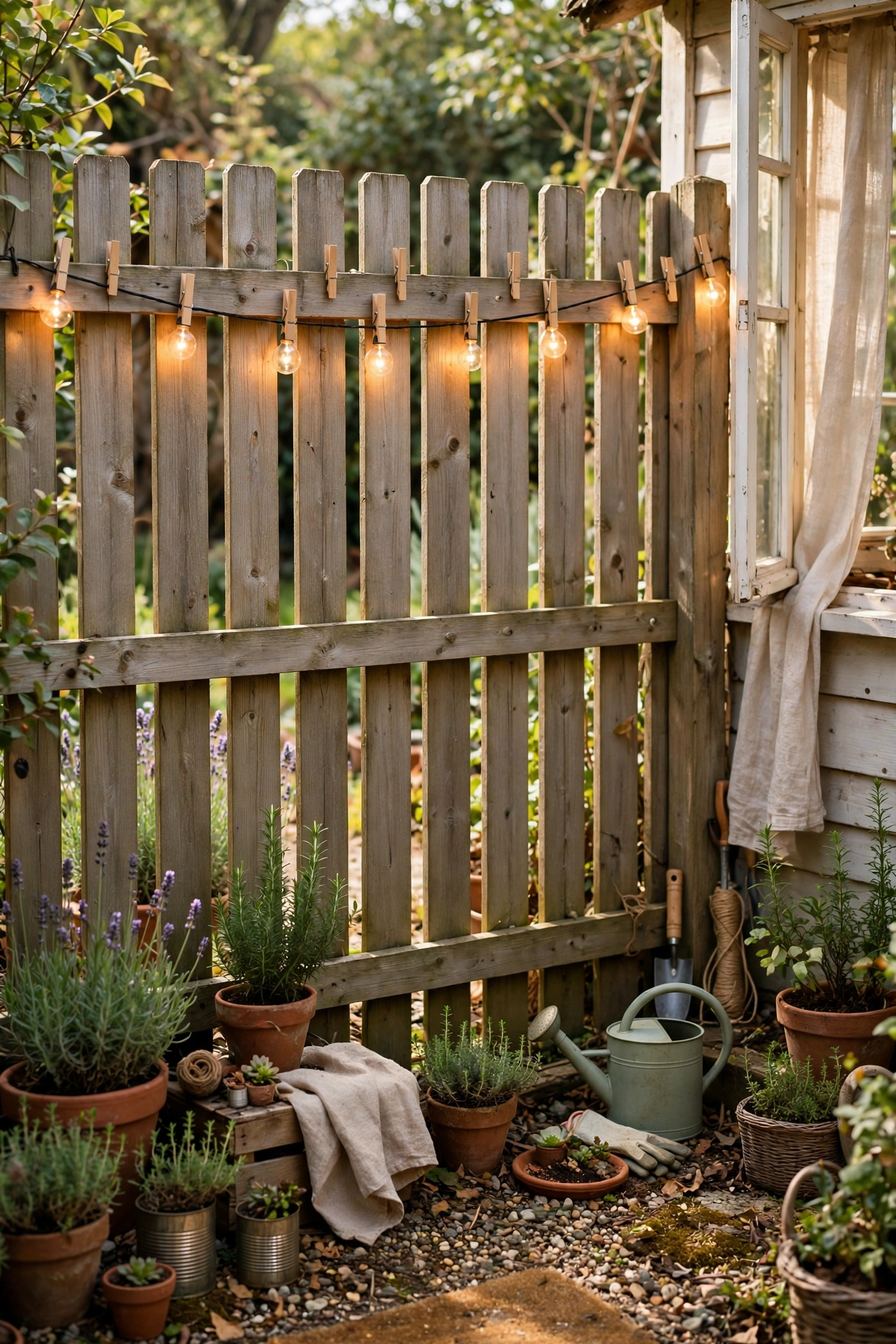 String lights neatly clipped along a wooden fence with even spacing