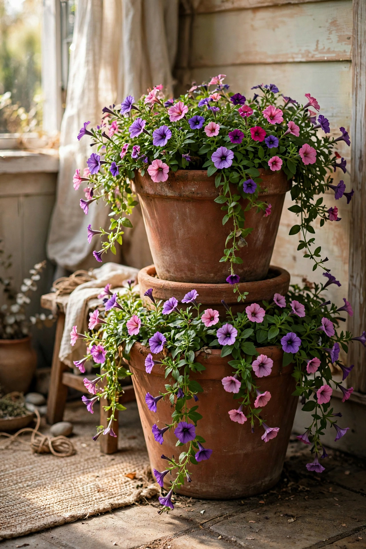 Two stacked terracotta-style planters with trailing petunias on a patio