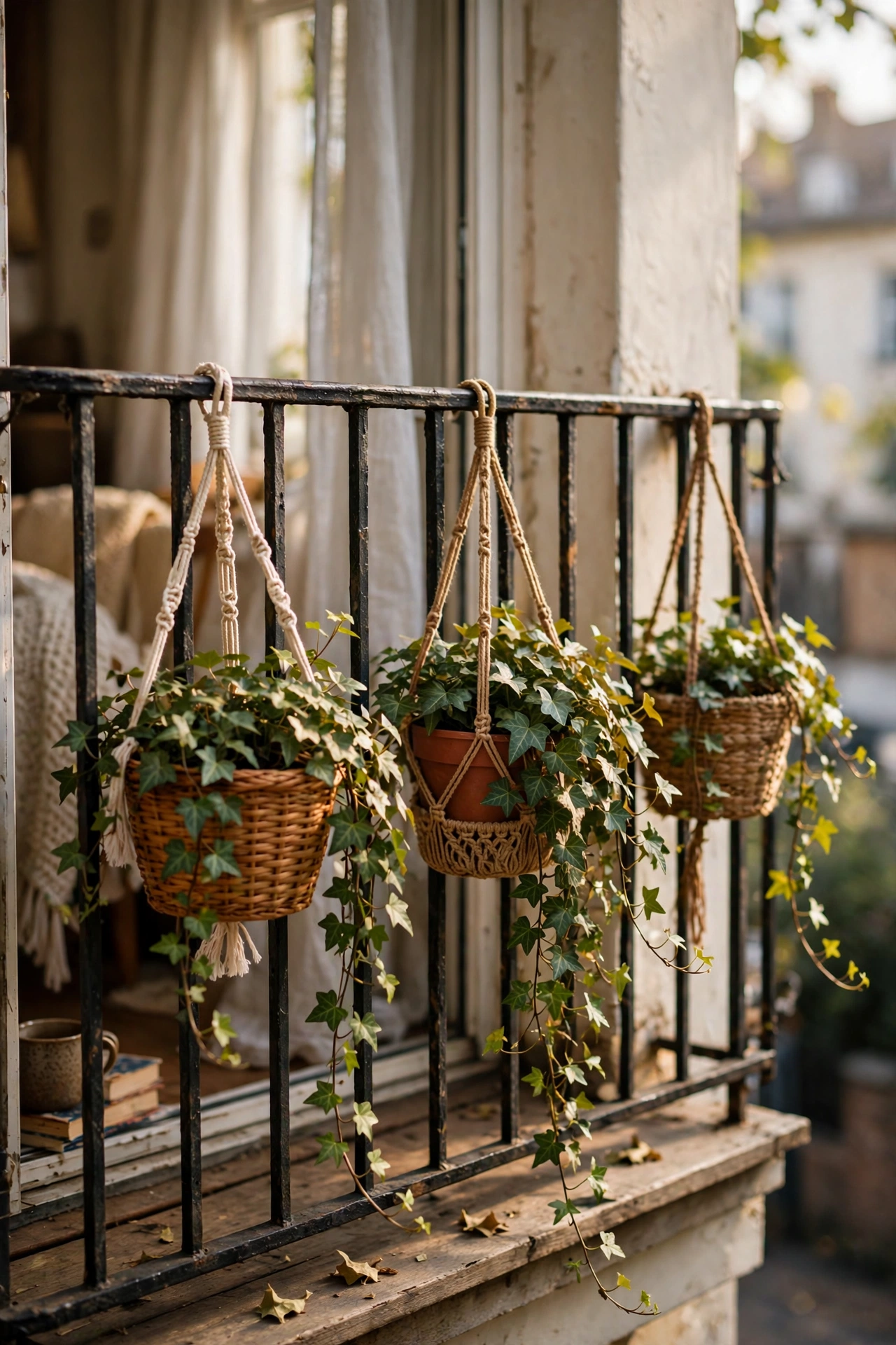 Hanging basket planters with trailing ivy on a small balcony railing
