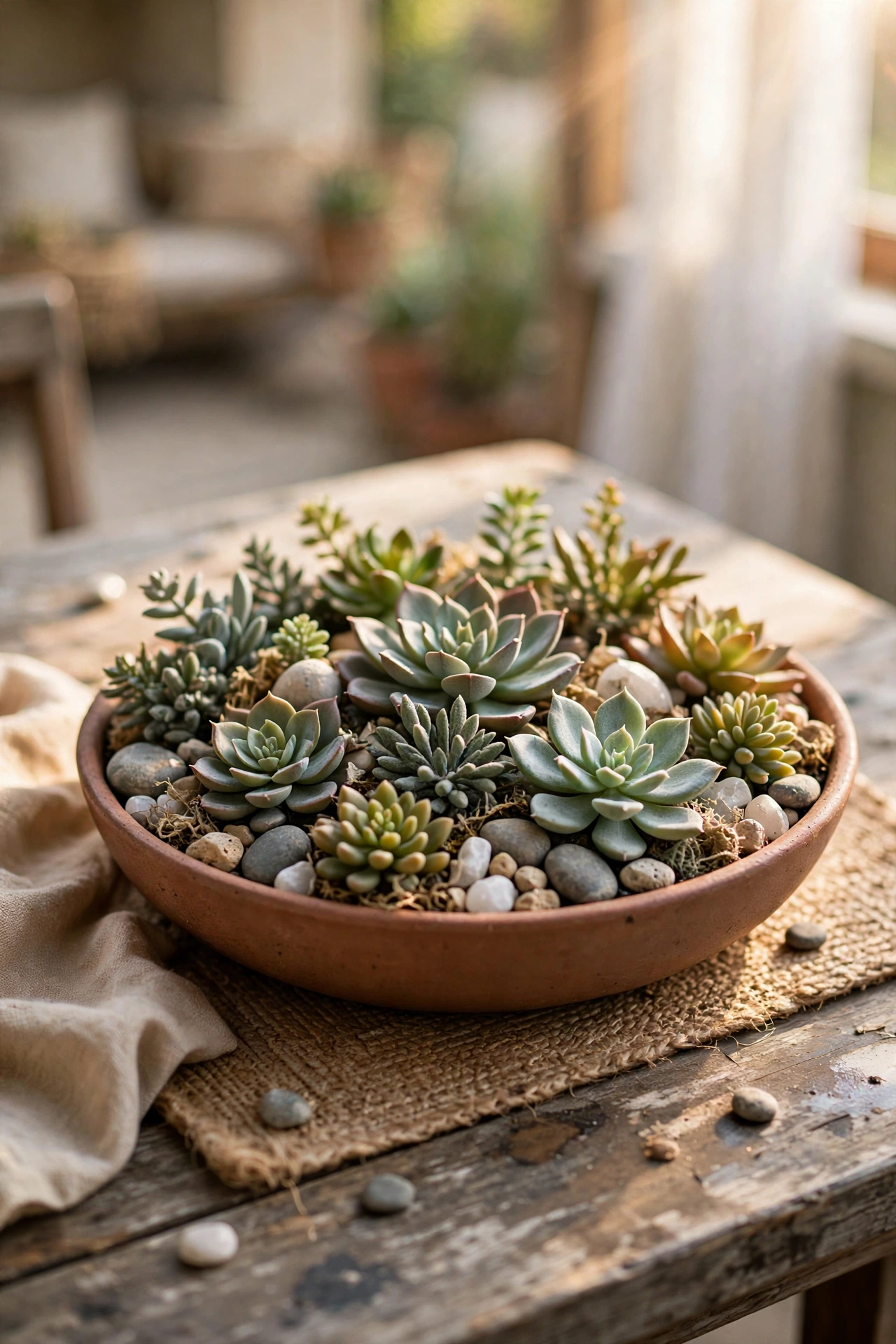 Shallow bowl of faux succulents with decorative stones on a patio table
