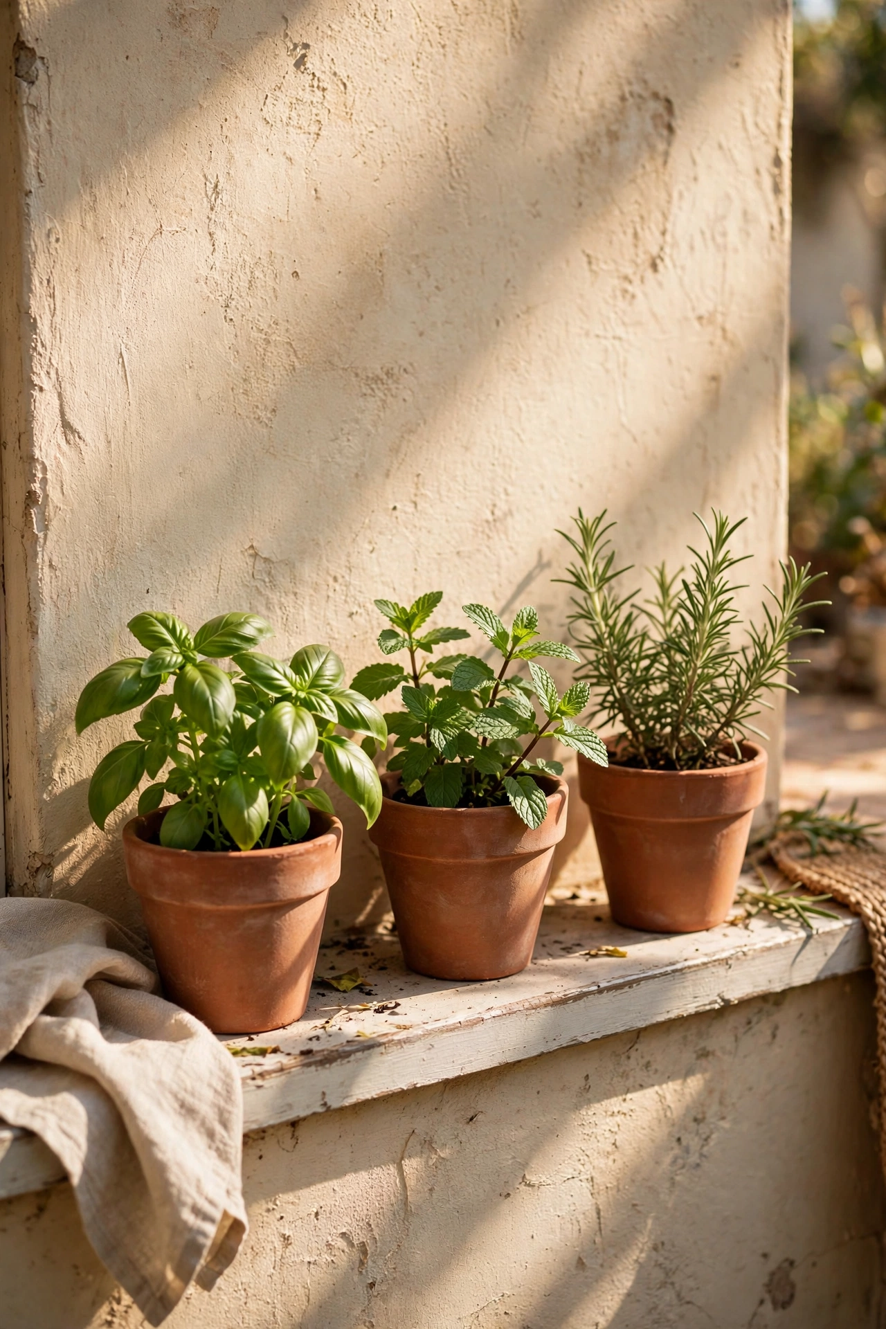 Matching small pots of basil mint and rosemary lined along a patio wall