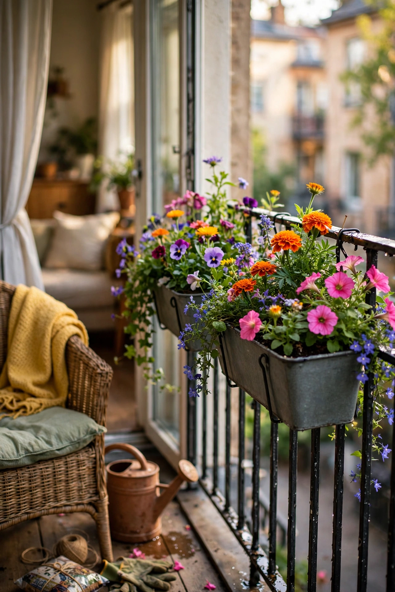 Planter boxes hooked over a balcony railing filled with colourful annuals