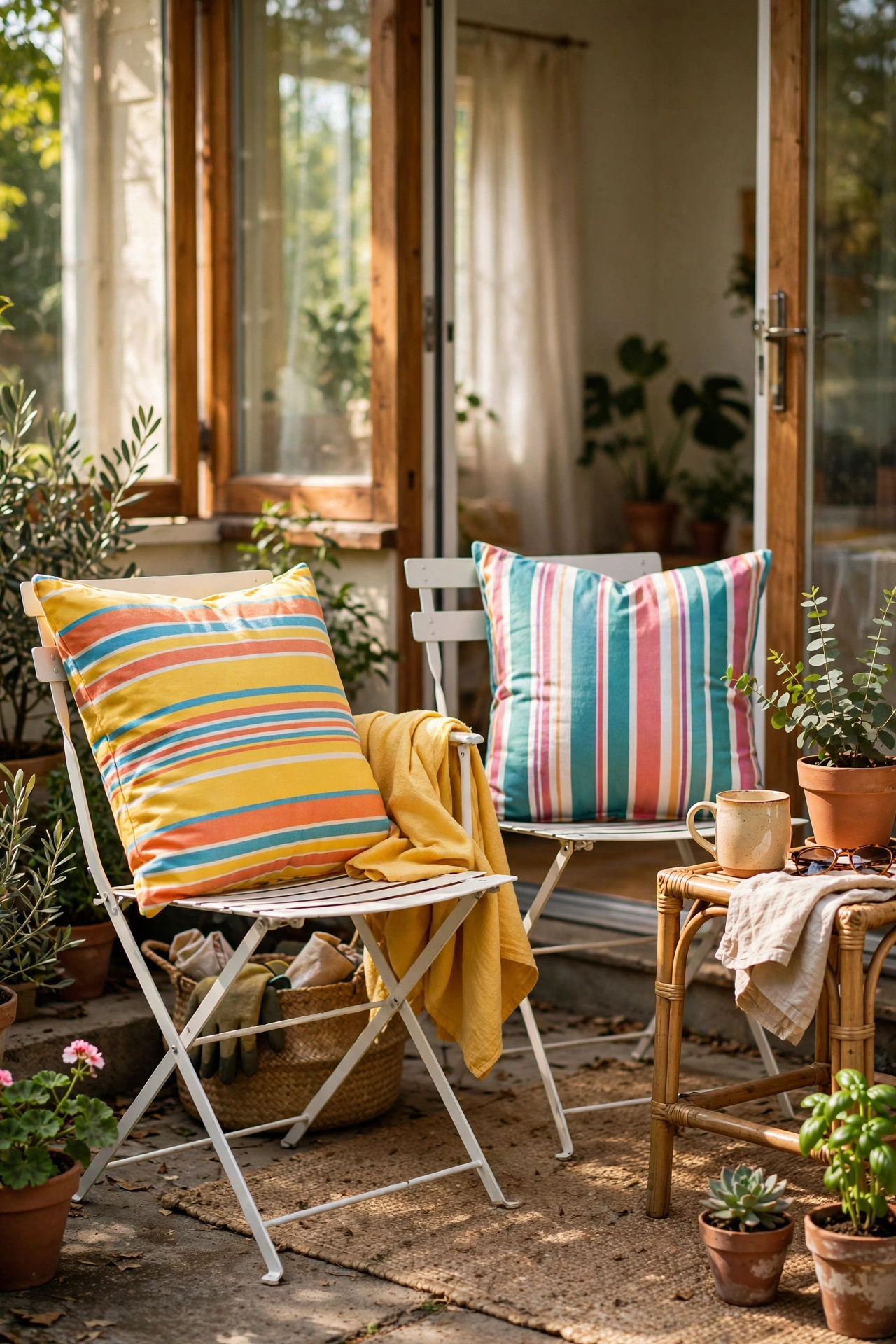 Patio chairs with fresh striped outdoor pillow covers in summer colours