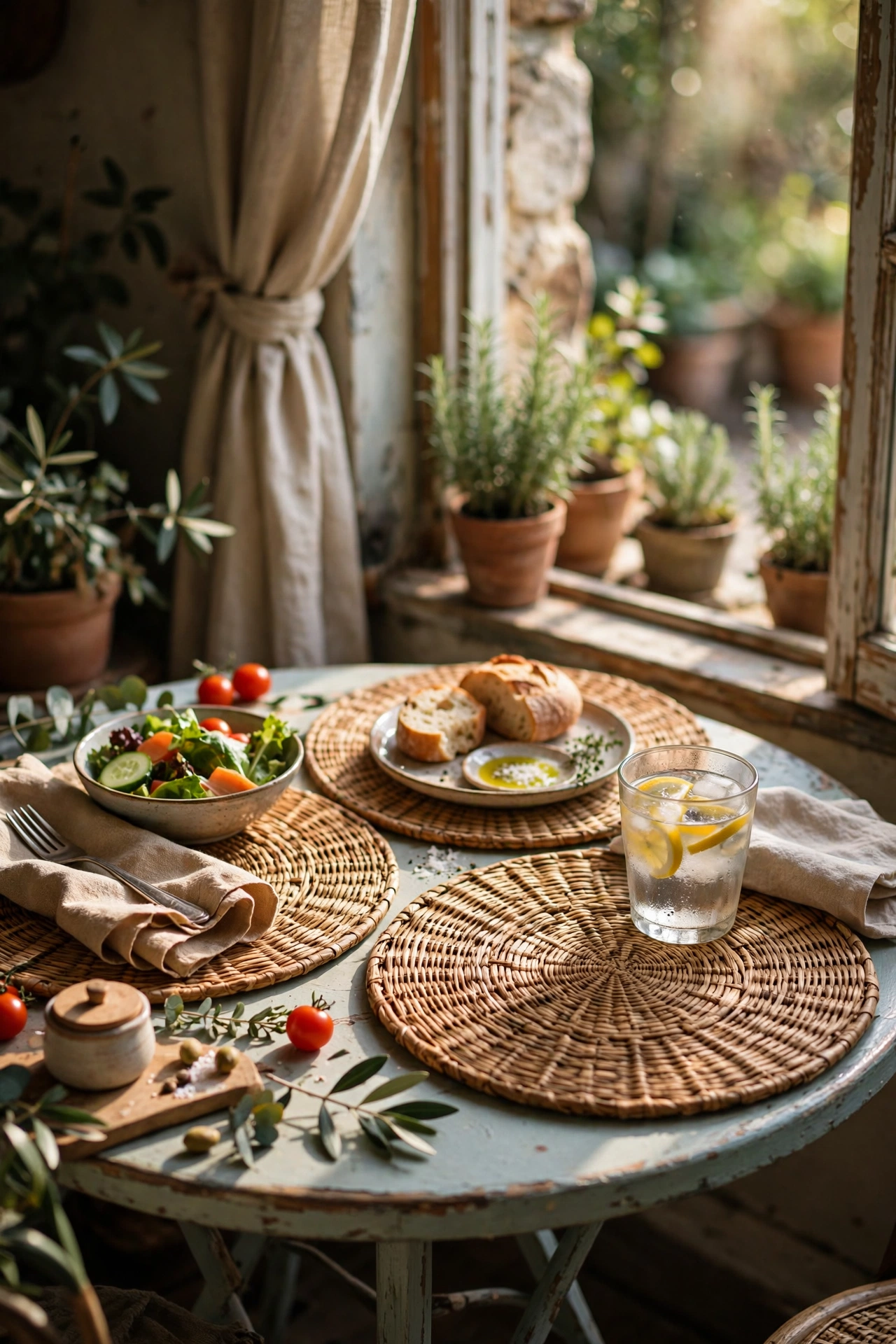 Round woven placemats set on a small bistro table for outdoor lunch