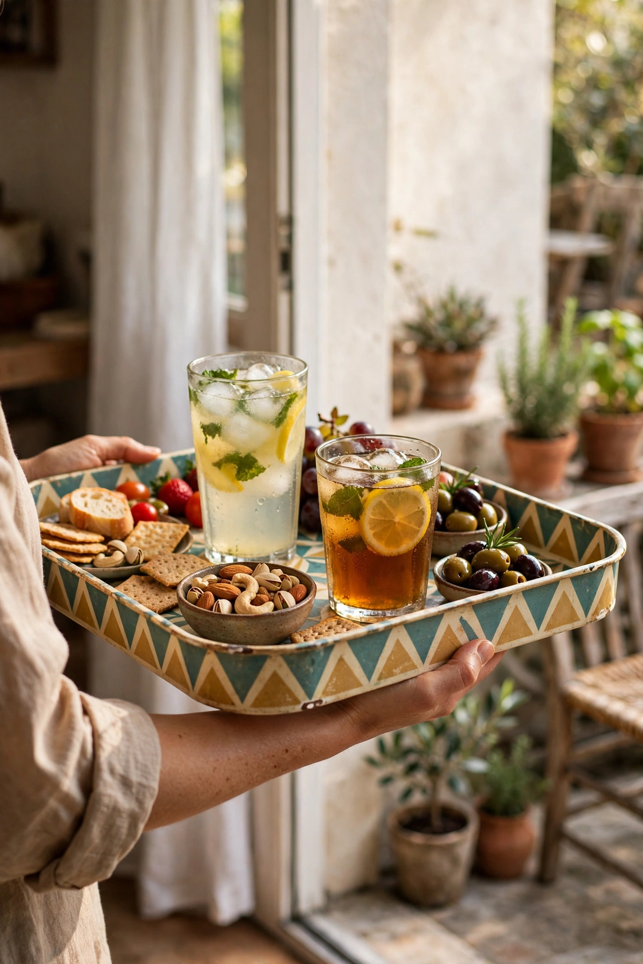 Patterned melamine serving tray carrying drinks to a patio