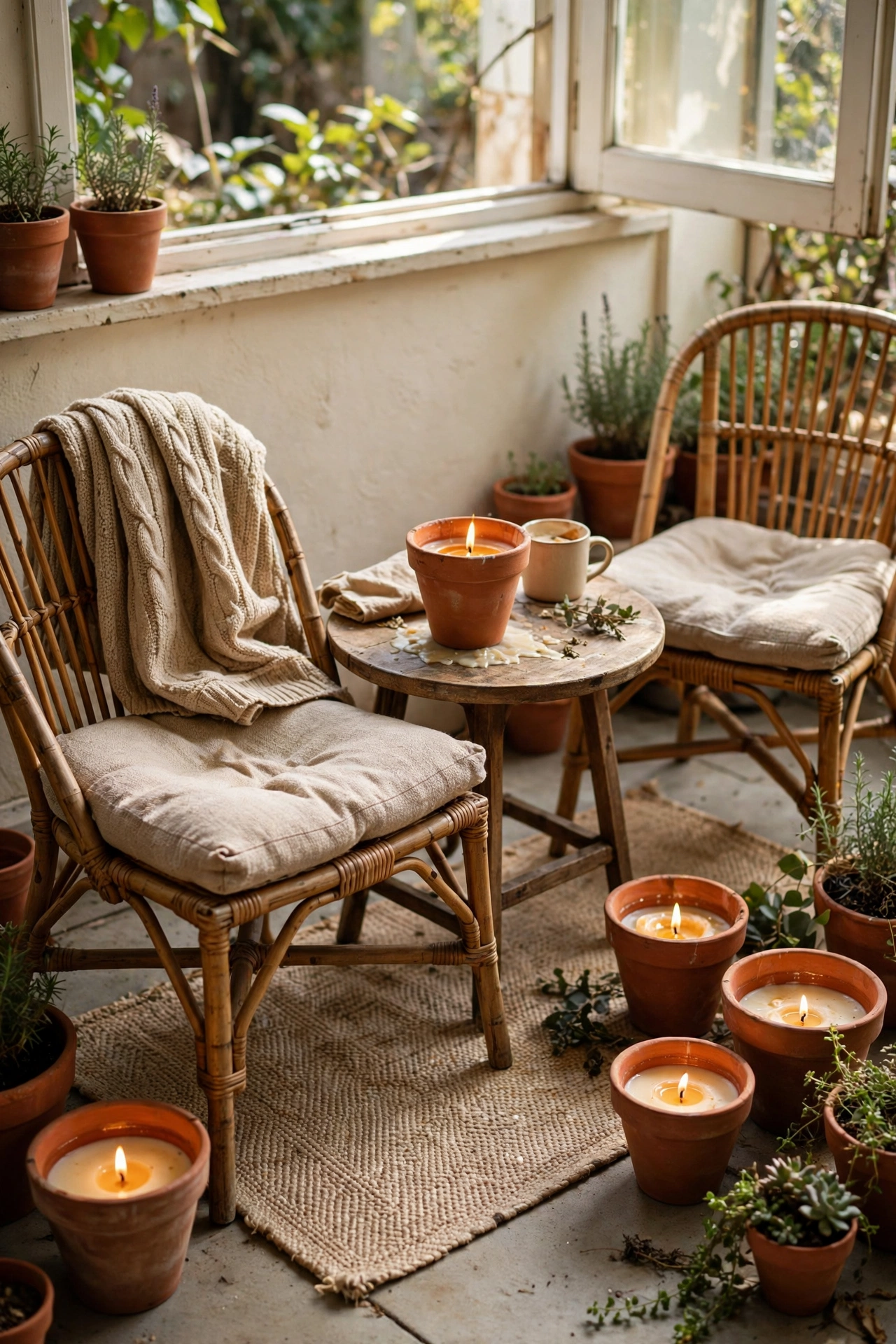 Citronella candles in terracotta pots around a patio seating area