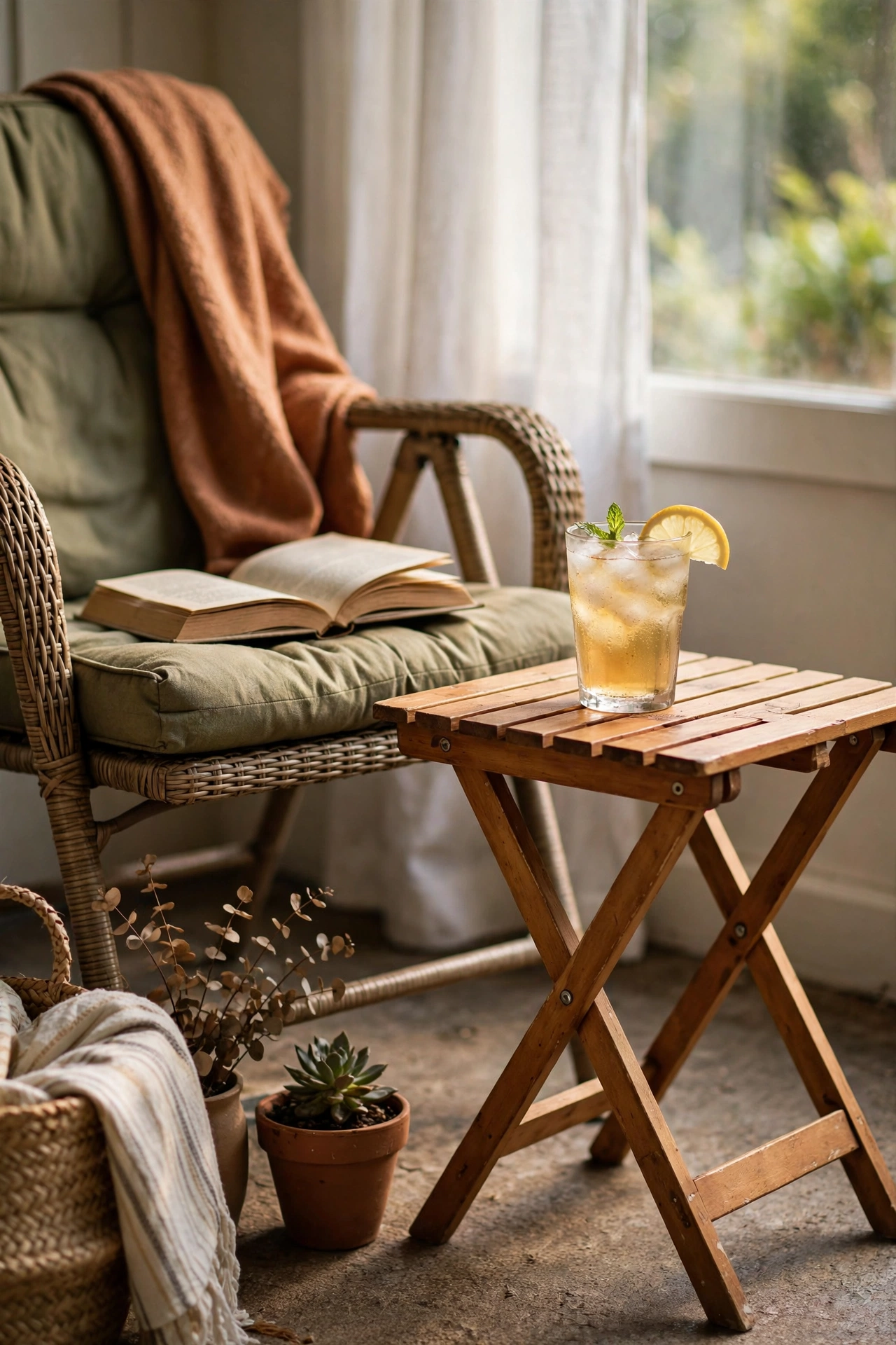 Small folding side table unfolded beside a patio chair with a book and drink