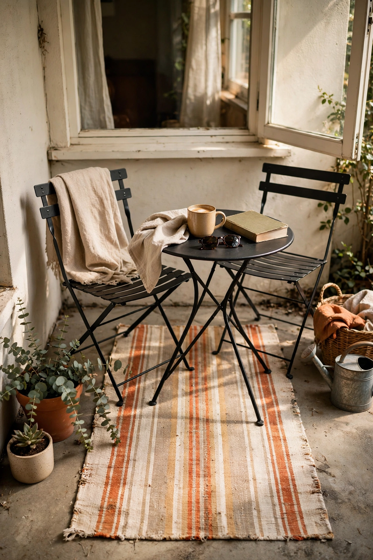 Striped outdoor rug runner under a bistro set on a small concrete patio