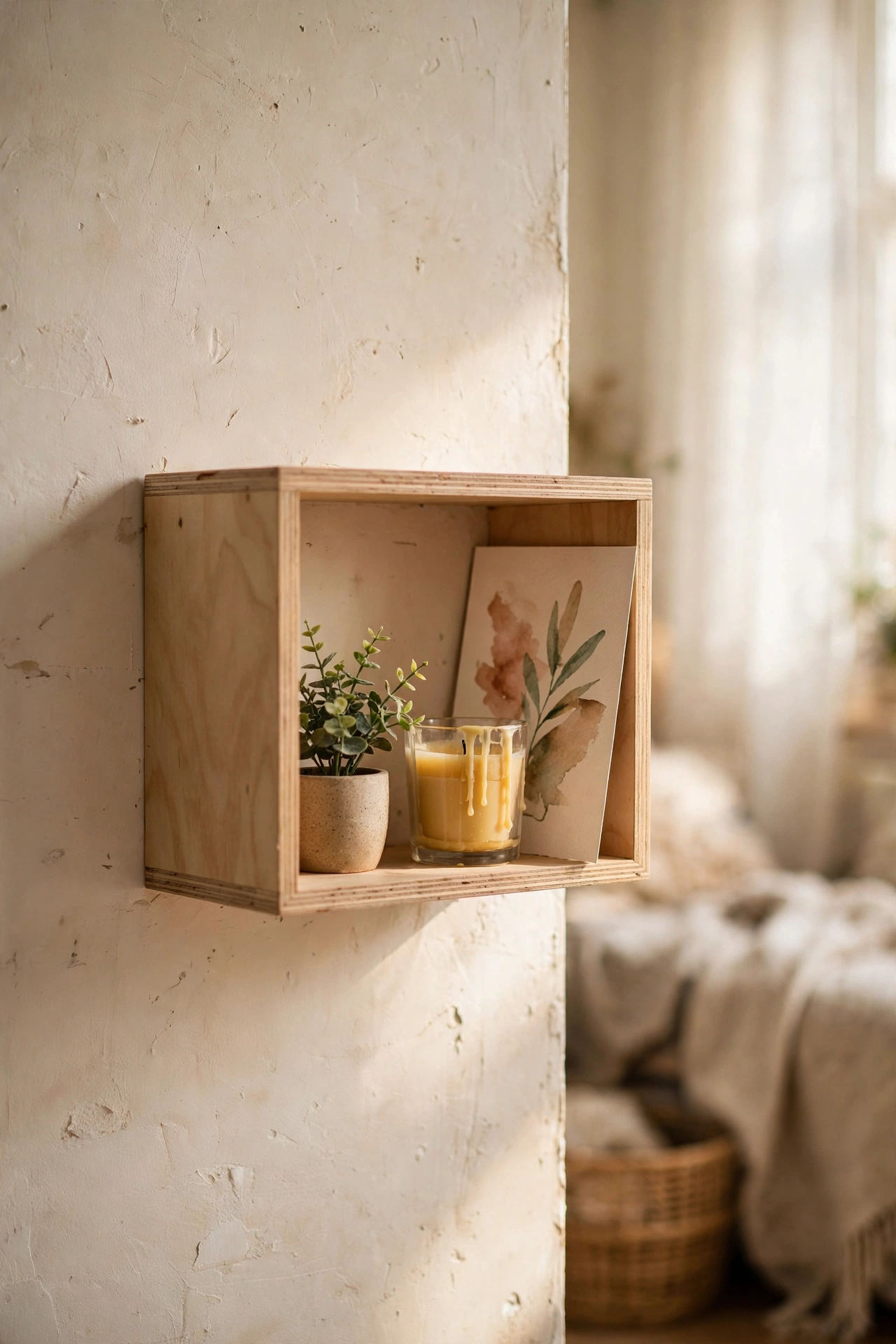 Floating cube shelf styled with tiny plant candle and leaning art print