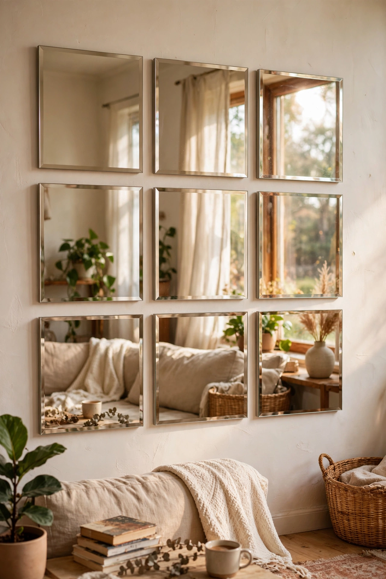 Grid of nine square mirror tiles arranged on a living room wall