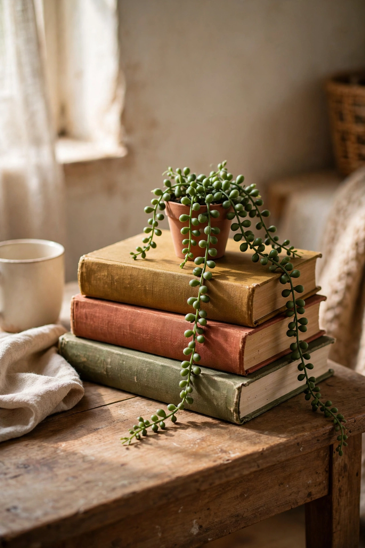 Stack of hardcover books topped with a small trailing faux plant on a side table