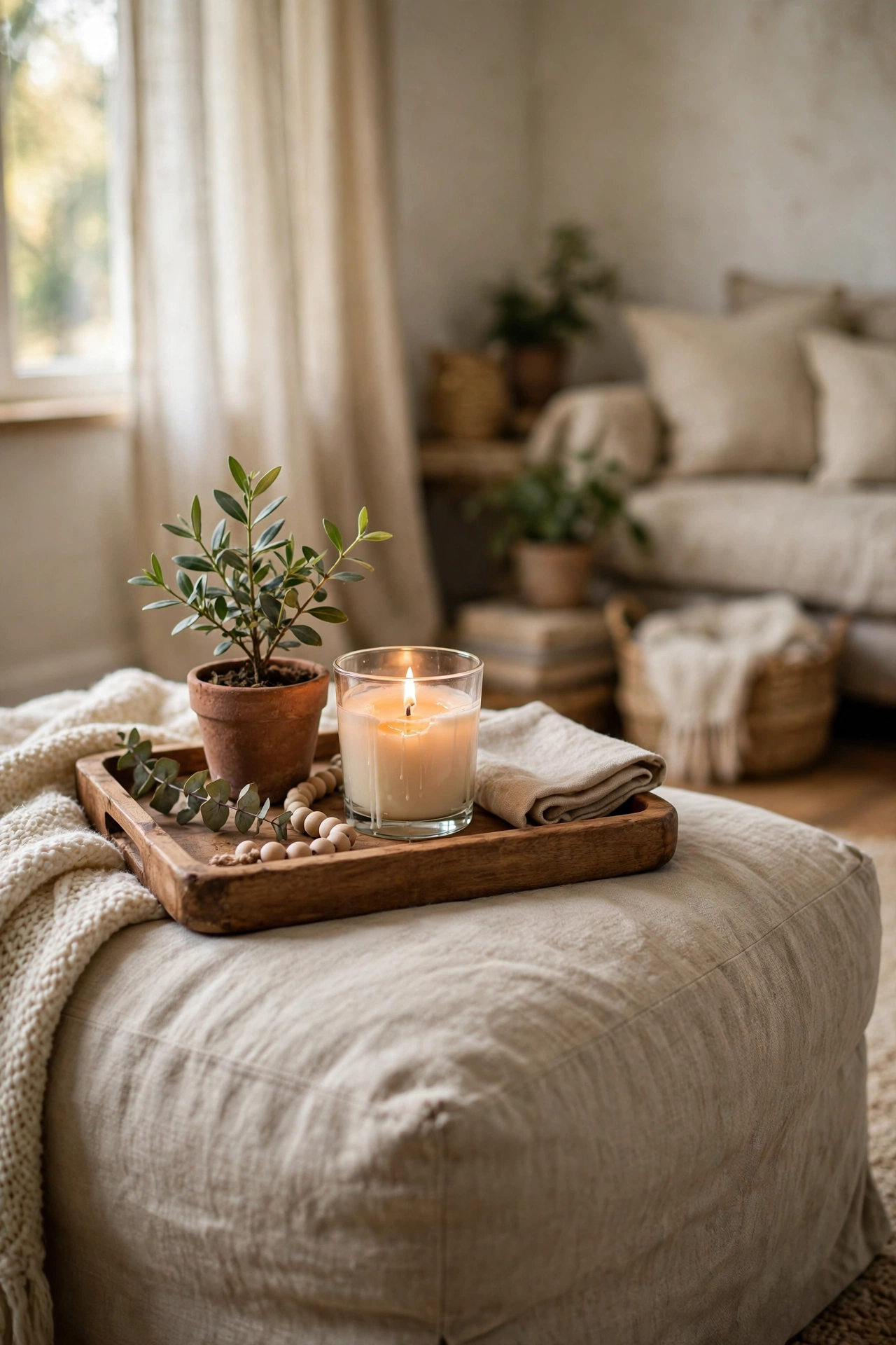 Wooden tray with candle and small plant styled on a fabric ottoman
