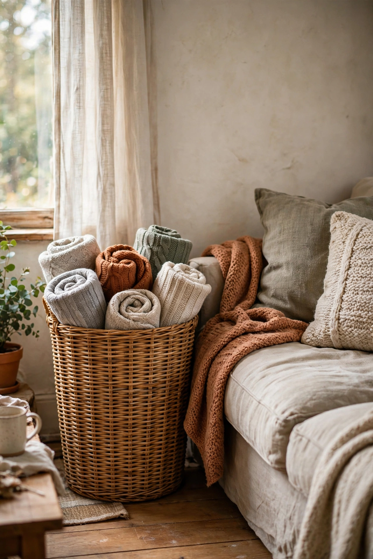 Tall woven basket with rolled throws beside a sofa