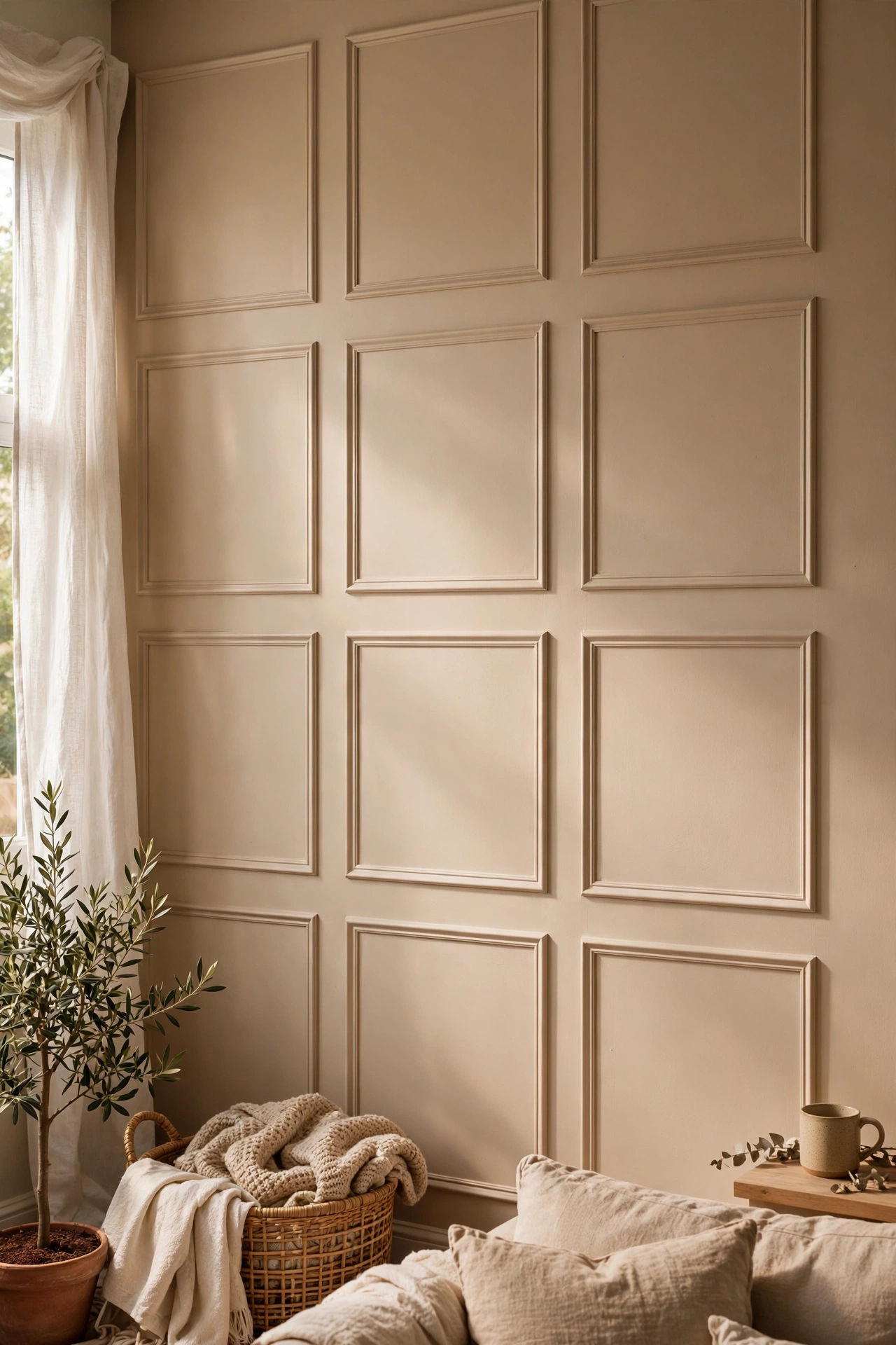 Living room wall with thin frame moulding squares painted the wall colour