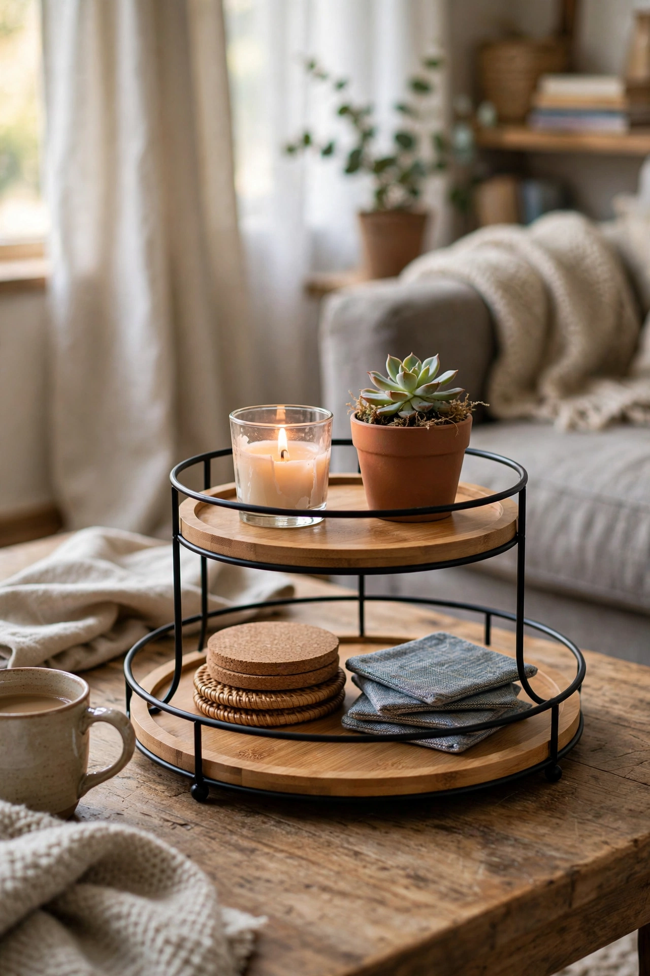 Two-tier tray with candle coasters and small plant as coffee table centrepiece