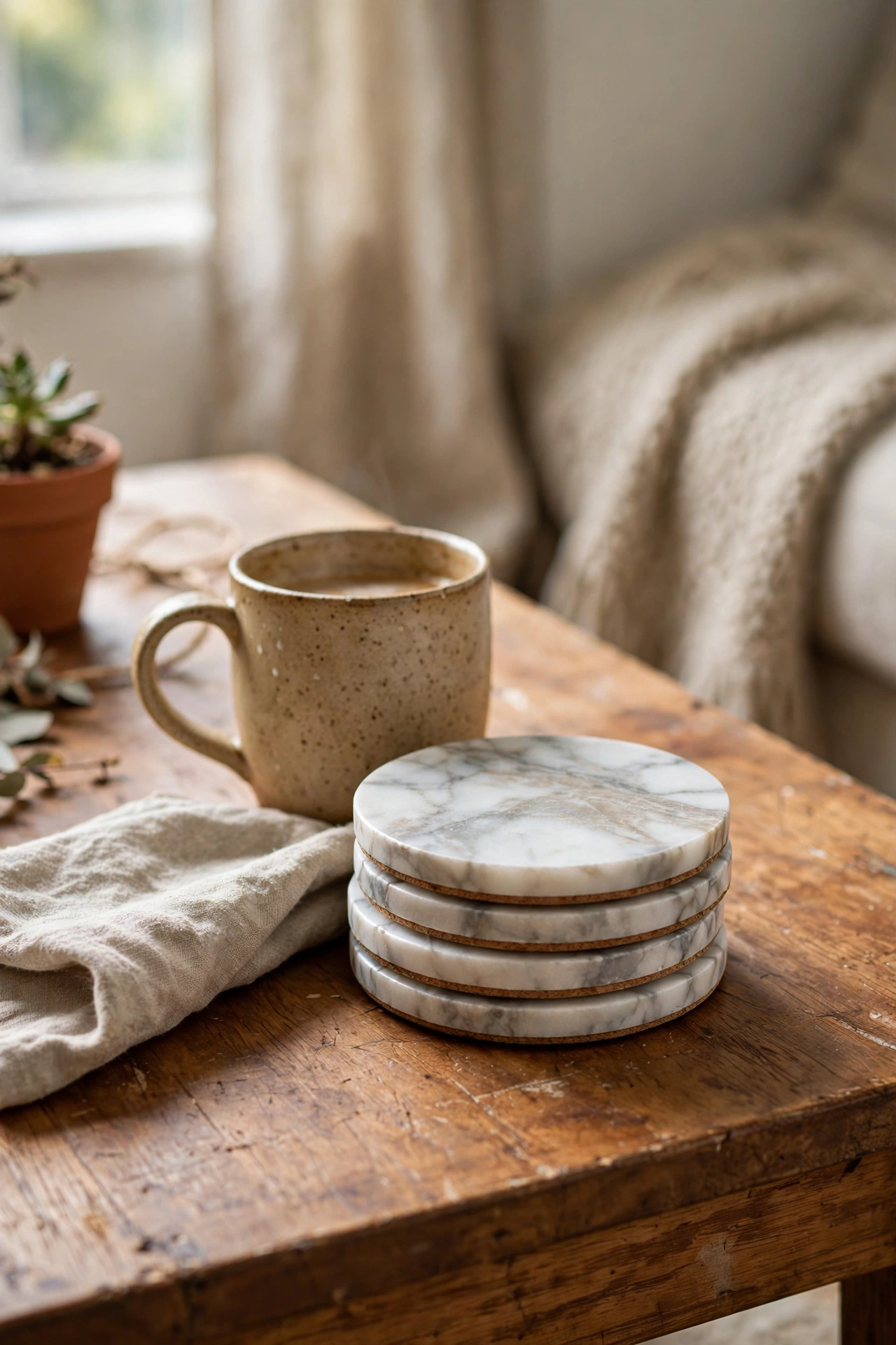 Stack of marble-look coasters on a wooden coffee table