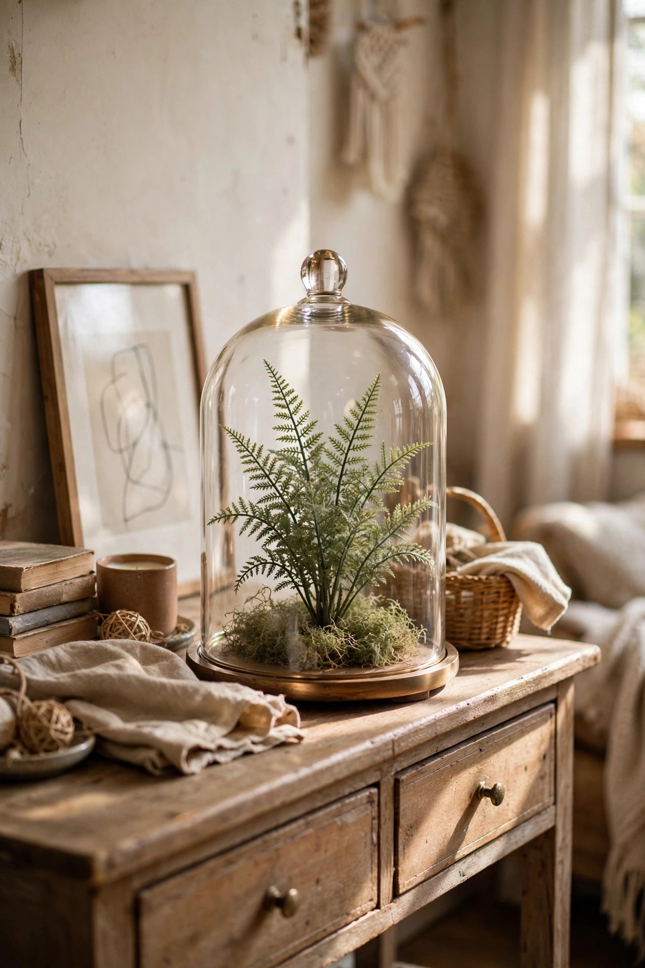 Small faux fern under a glass cloche dome on a console table