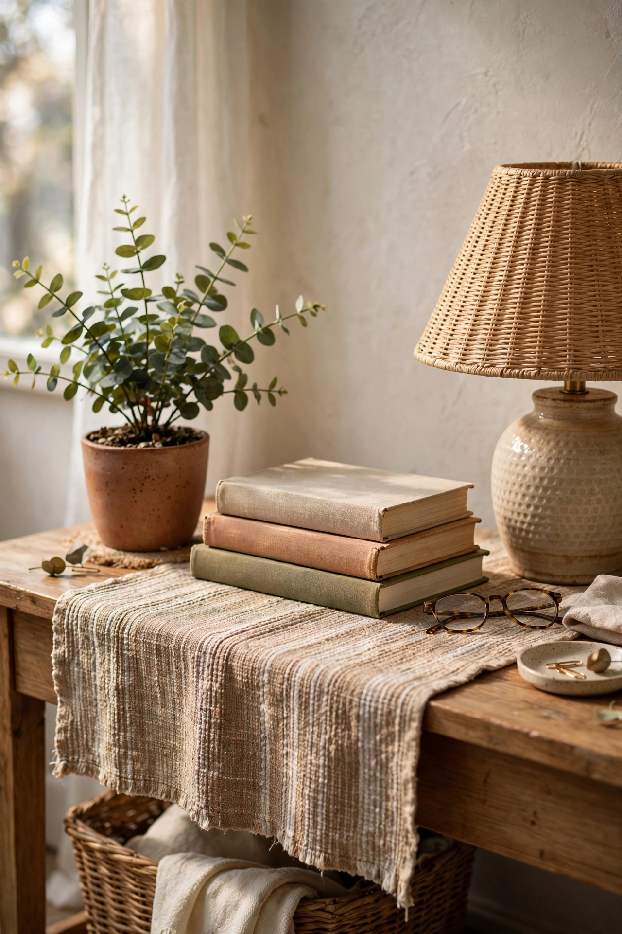 Textured runner styled with lamp plant and books on a console table