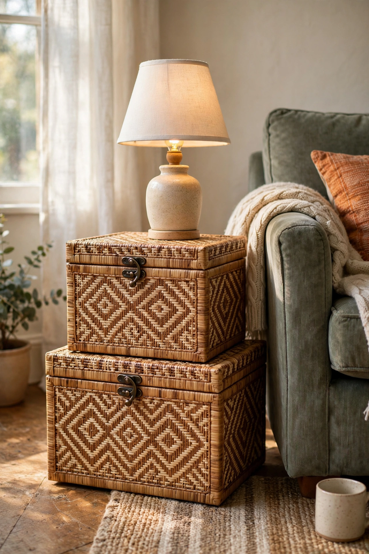 Two matching storage boxes stacked as a side table with a lamp on top