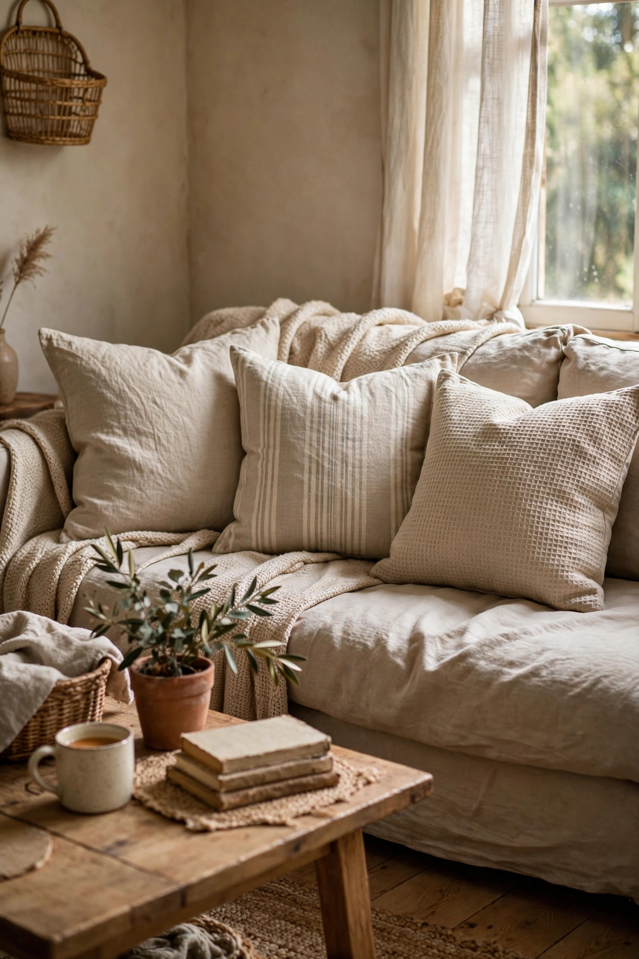 Sofa with fresh seasonal throw pillow covers in linen neutrals