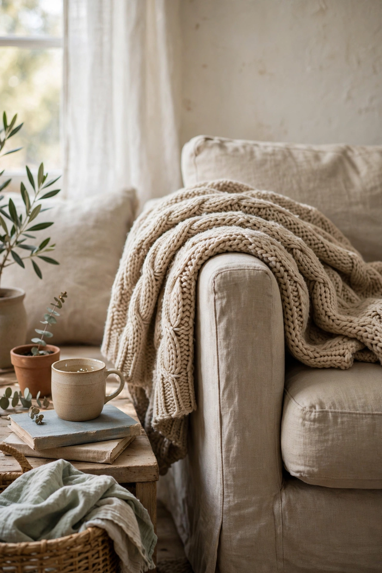 Chunky knit-style throw draped over the arm of a neutral sofa