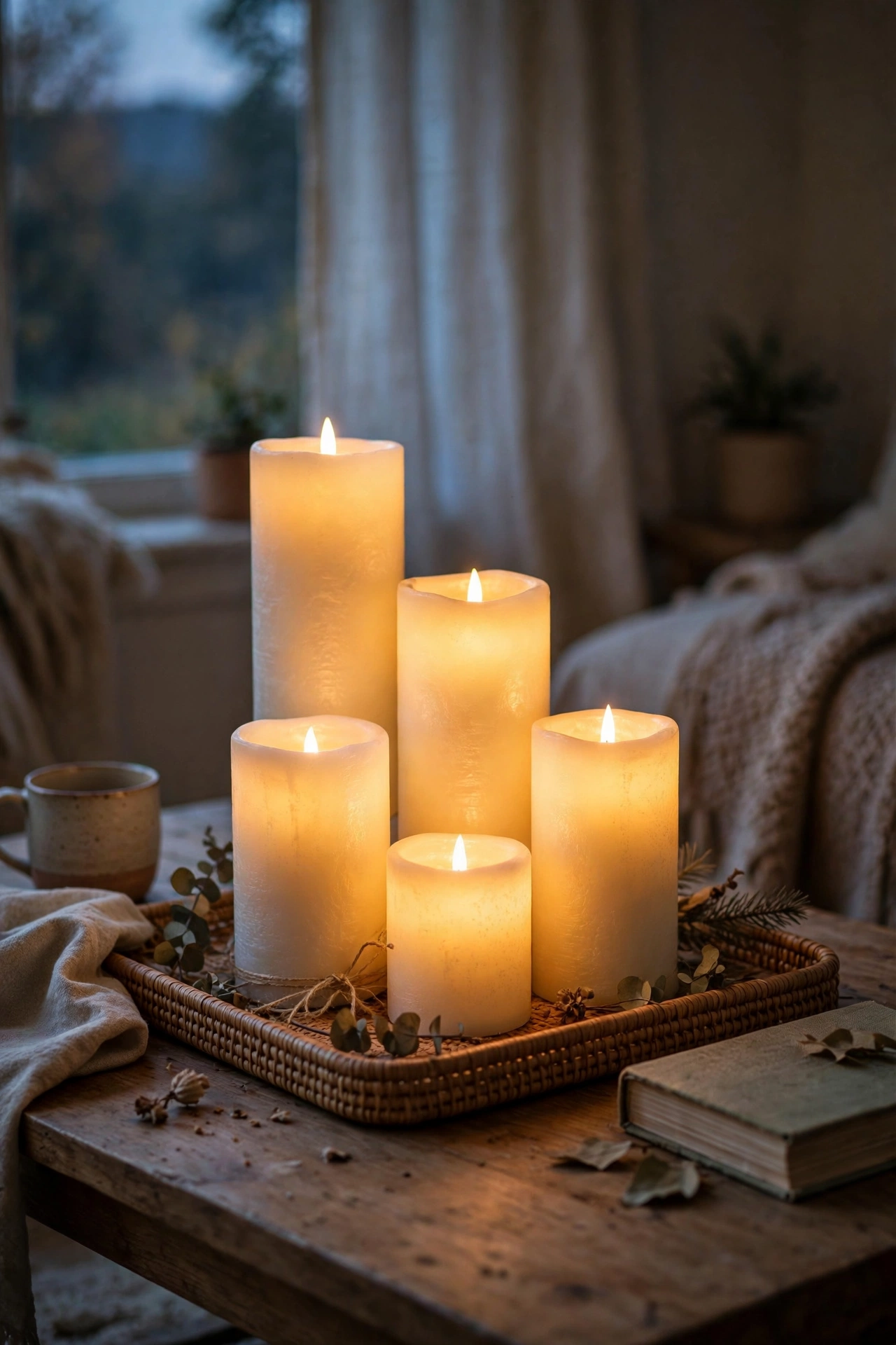 Cluster of flameless candles glowing on a tray on a coffee table at dusk