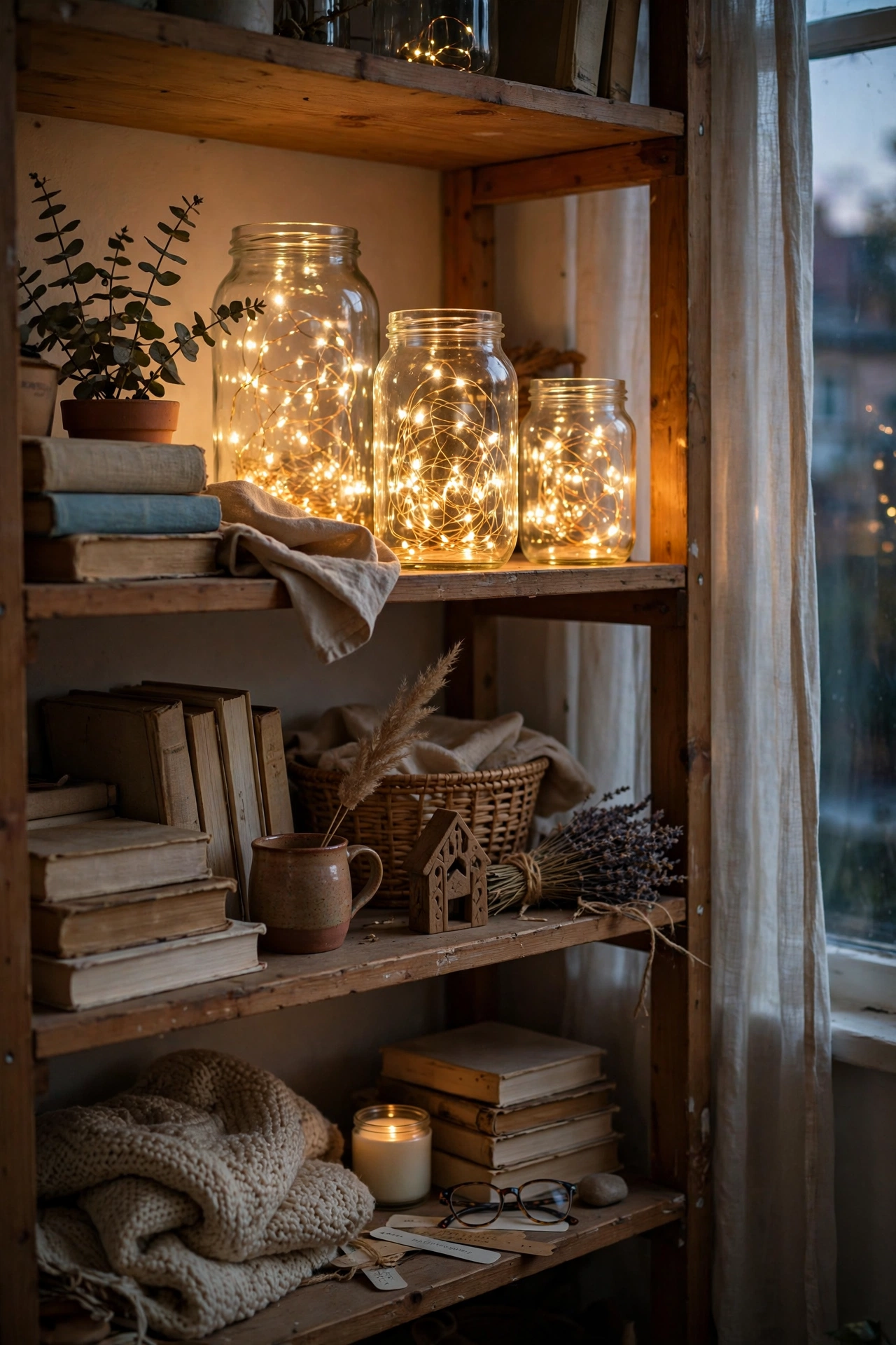 Glass jars filled with warm fairy lights glowing on a bookshelf