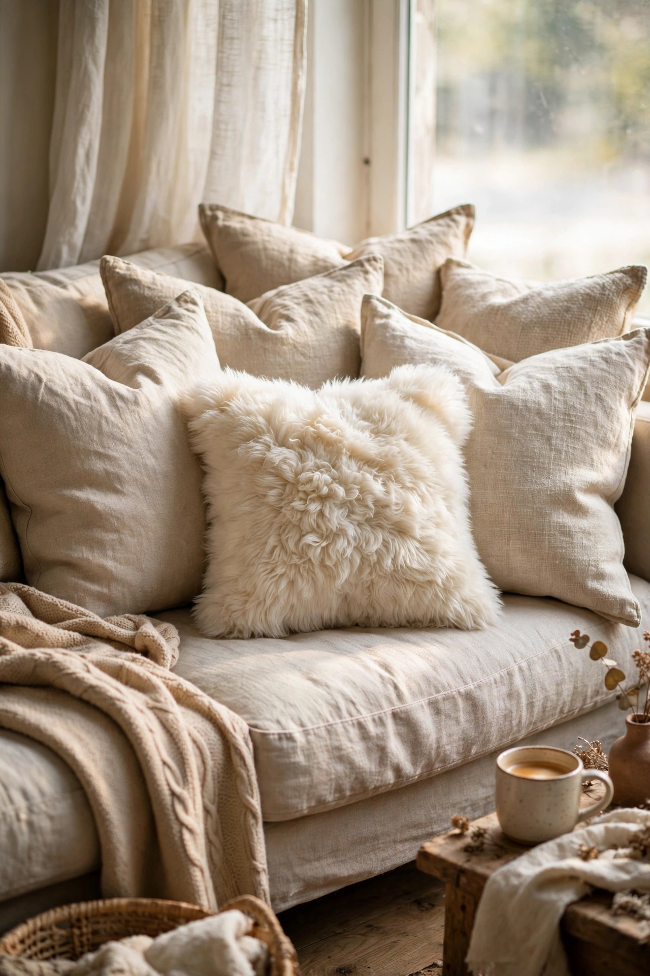 Cream faux fur throw pillow among linen pillows on a sofa