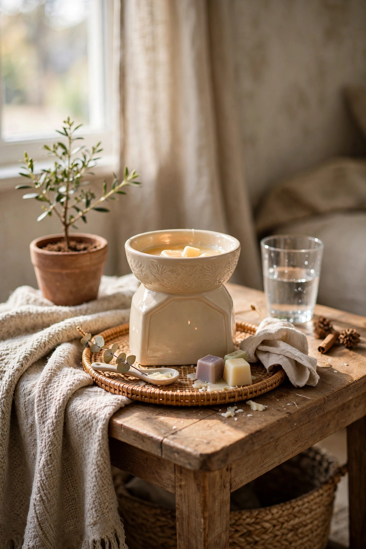 Scented wax warmer on a small tray on a living room side table