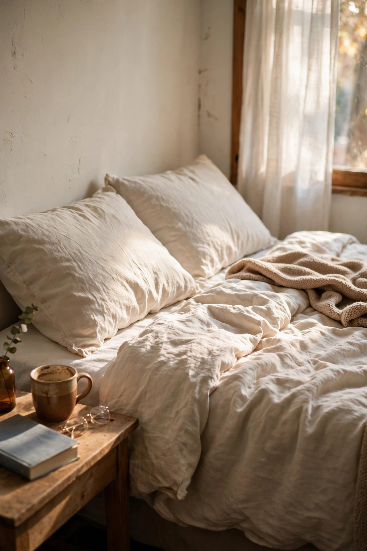 Bed with linen-look duvet cover in warm white styled like a hotel bed