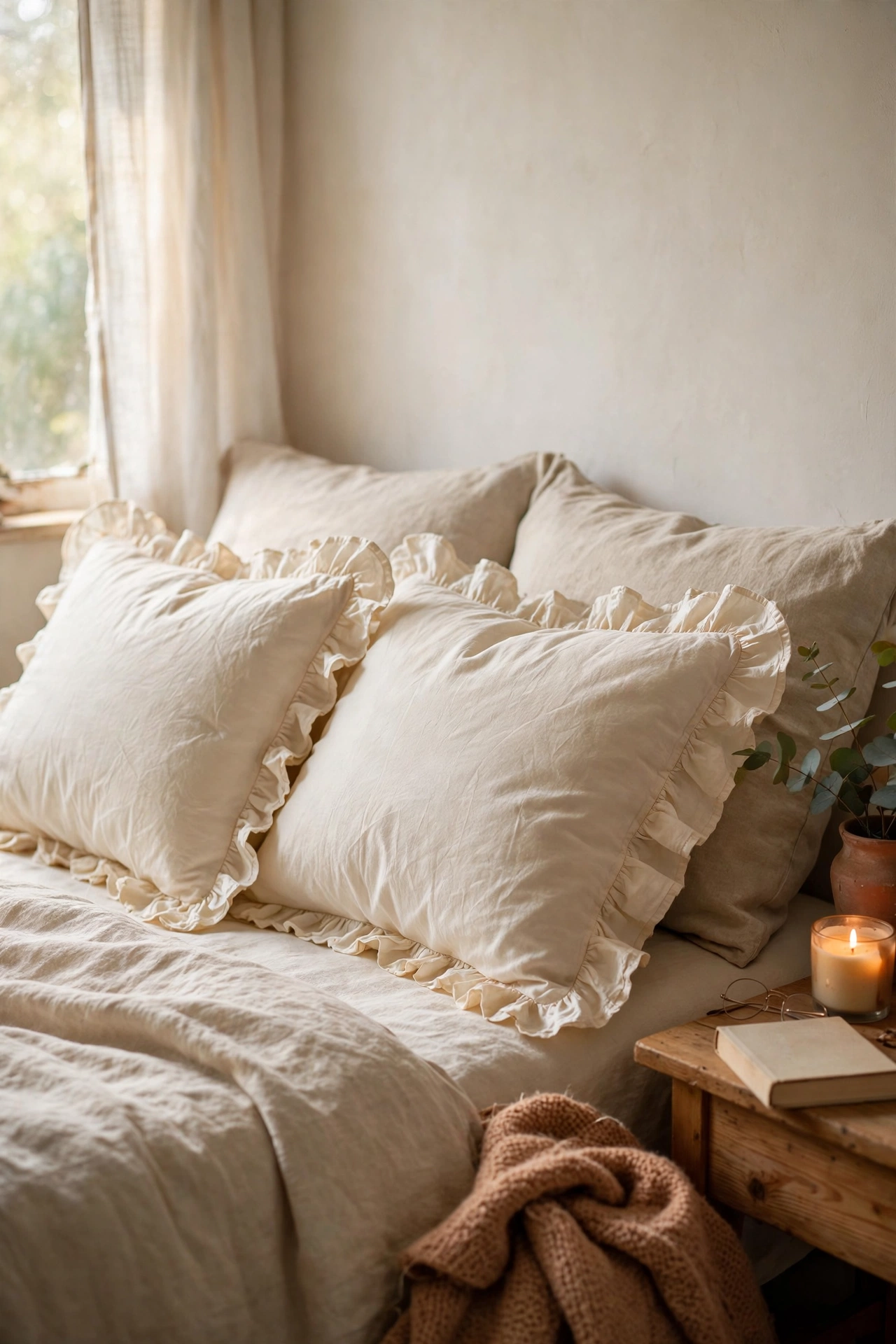 Two ruffled pillow shams in cream in front of sleeping pillows on a bed