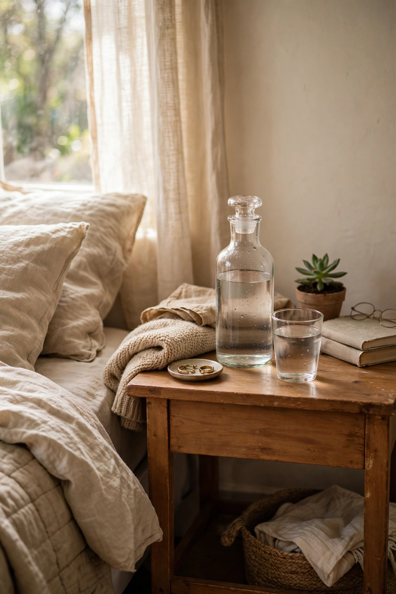 Glass bedside carafe with matching tumbler on a nightstand
