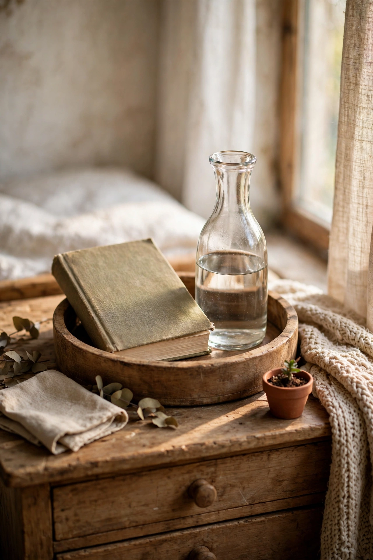 Small round wooden tray corralling book and carafe on a nightstand
