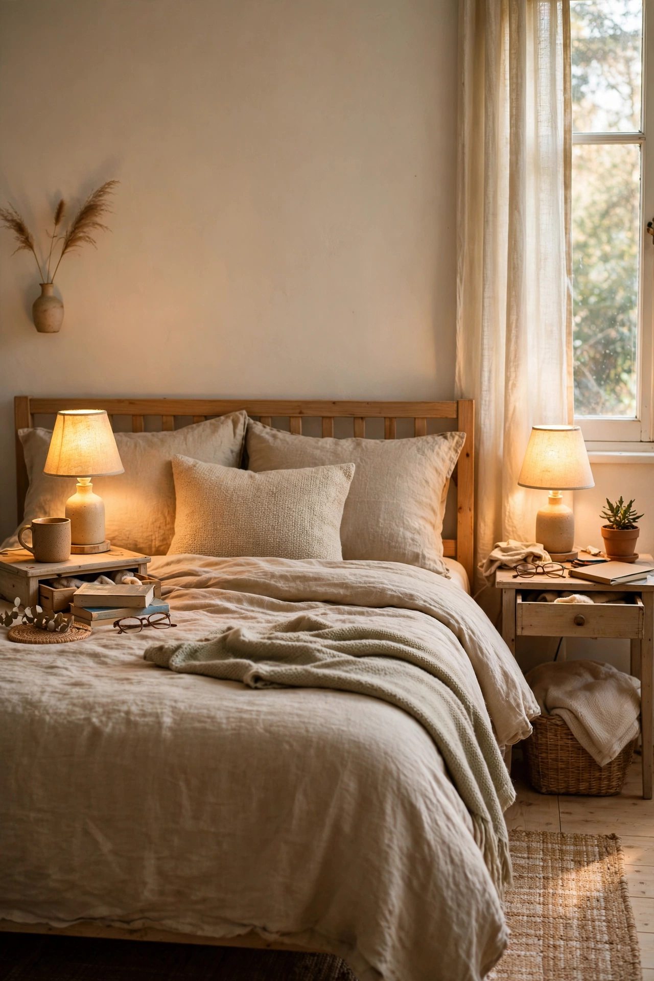 Two matching small table lamps on nightstands either side of a bed