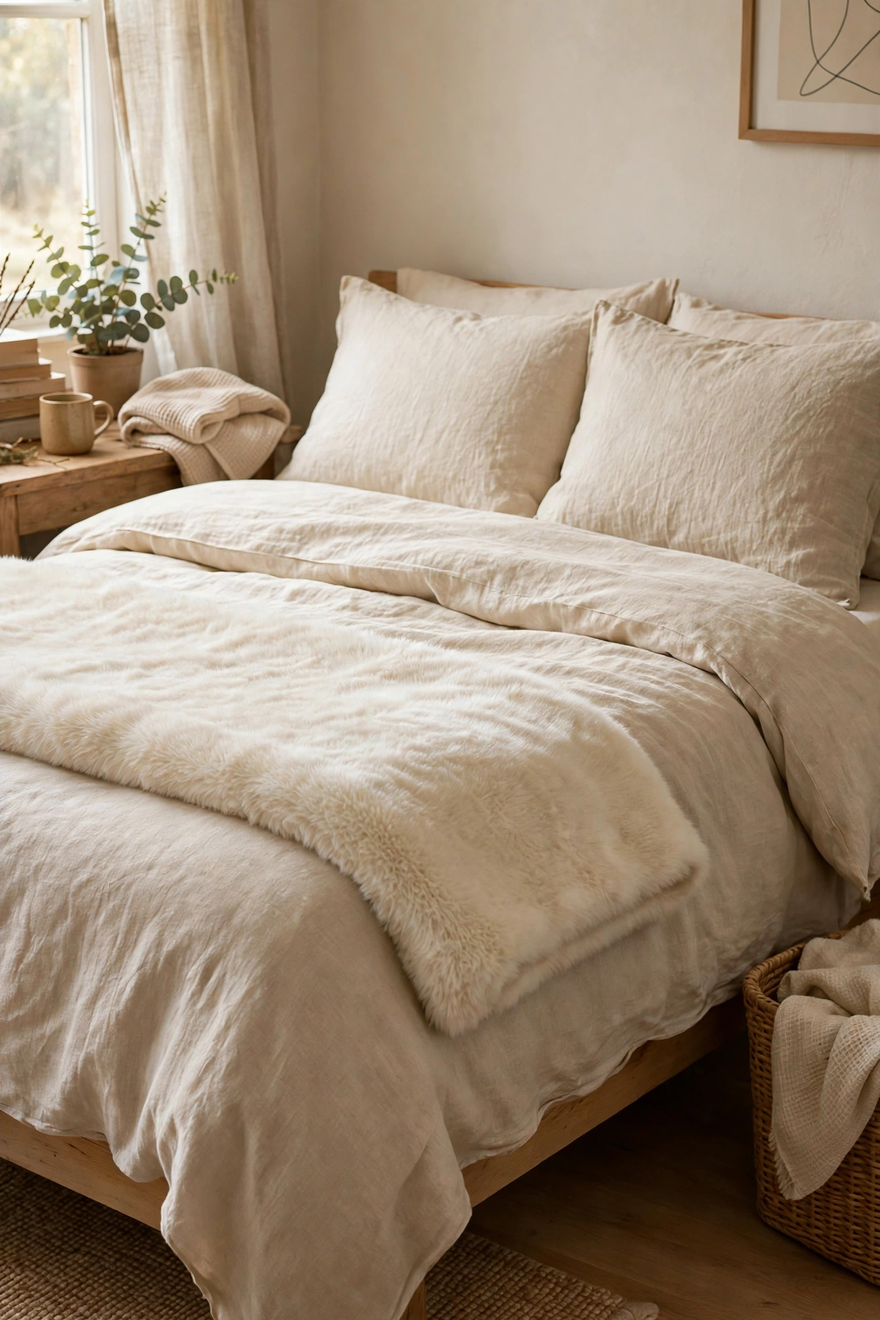 Cream faux fur throw folded across the foot of a made bed