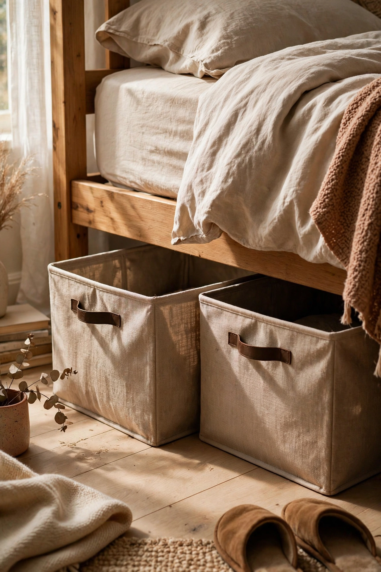 Matching fabric under-bed storage bins slid under a bed frame