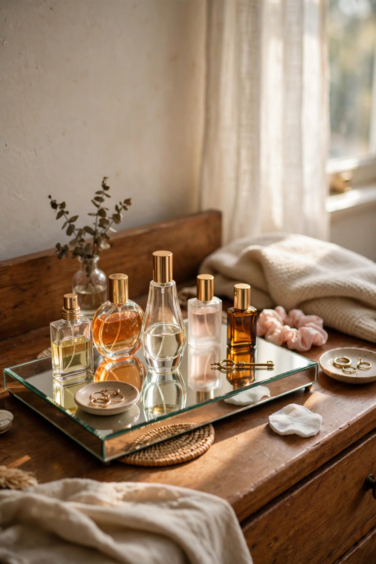 Mirrored vanity tray with perfume bottles on a bedroom dresser