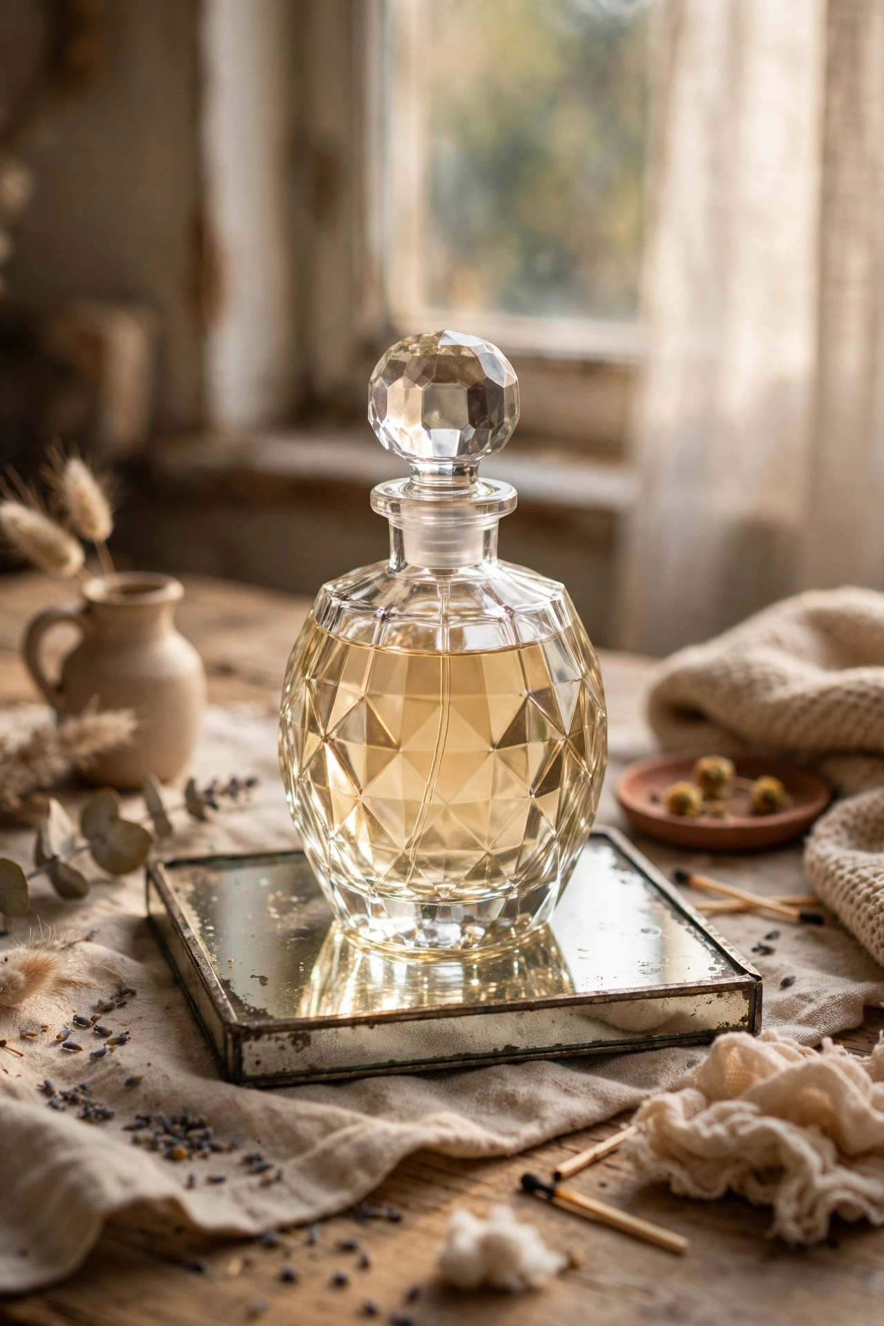 Faceted glass decorative perfume bottle on a mirrored tray