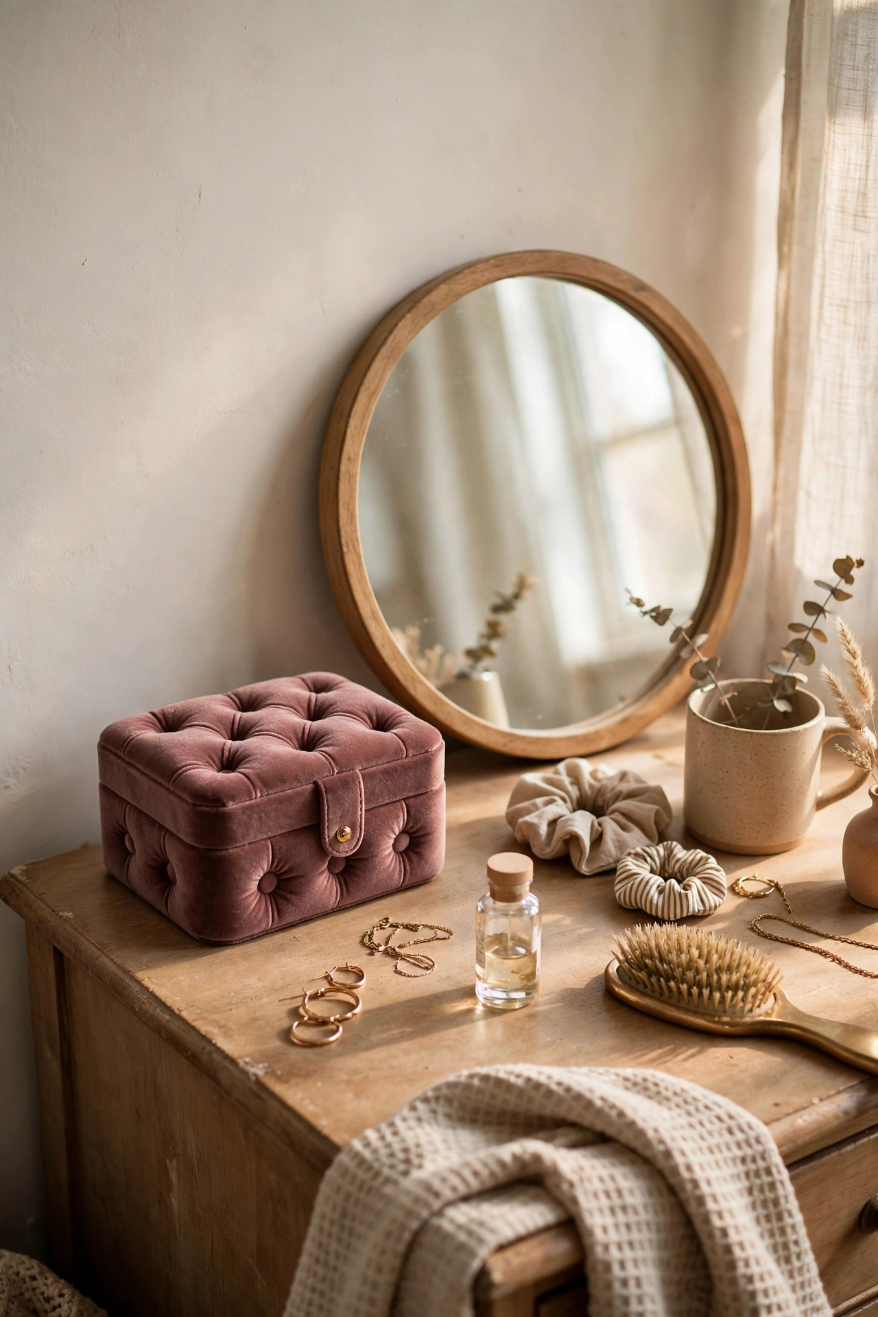Small tufted velvet jewellery box on a bedroom dresser