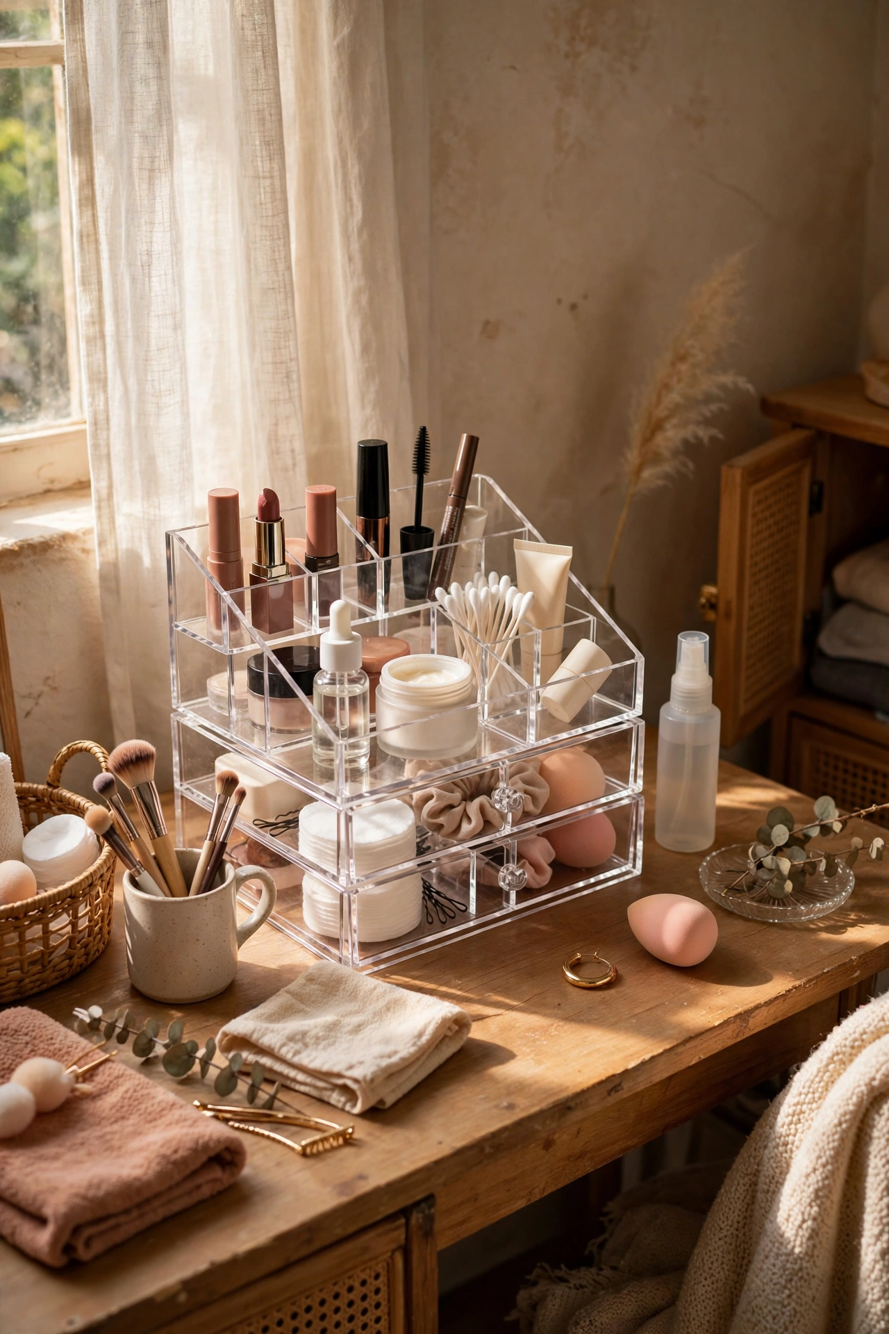 Clear acrylic tiered makeup organiser on a vanity with daily products
