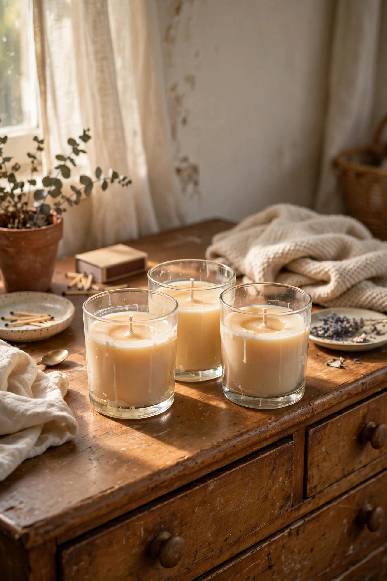 Three matching scented candles grouped on a bedroom dresser