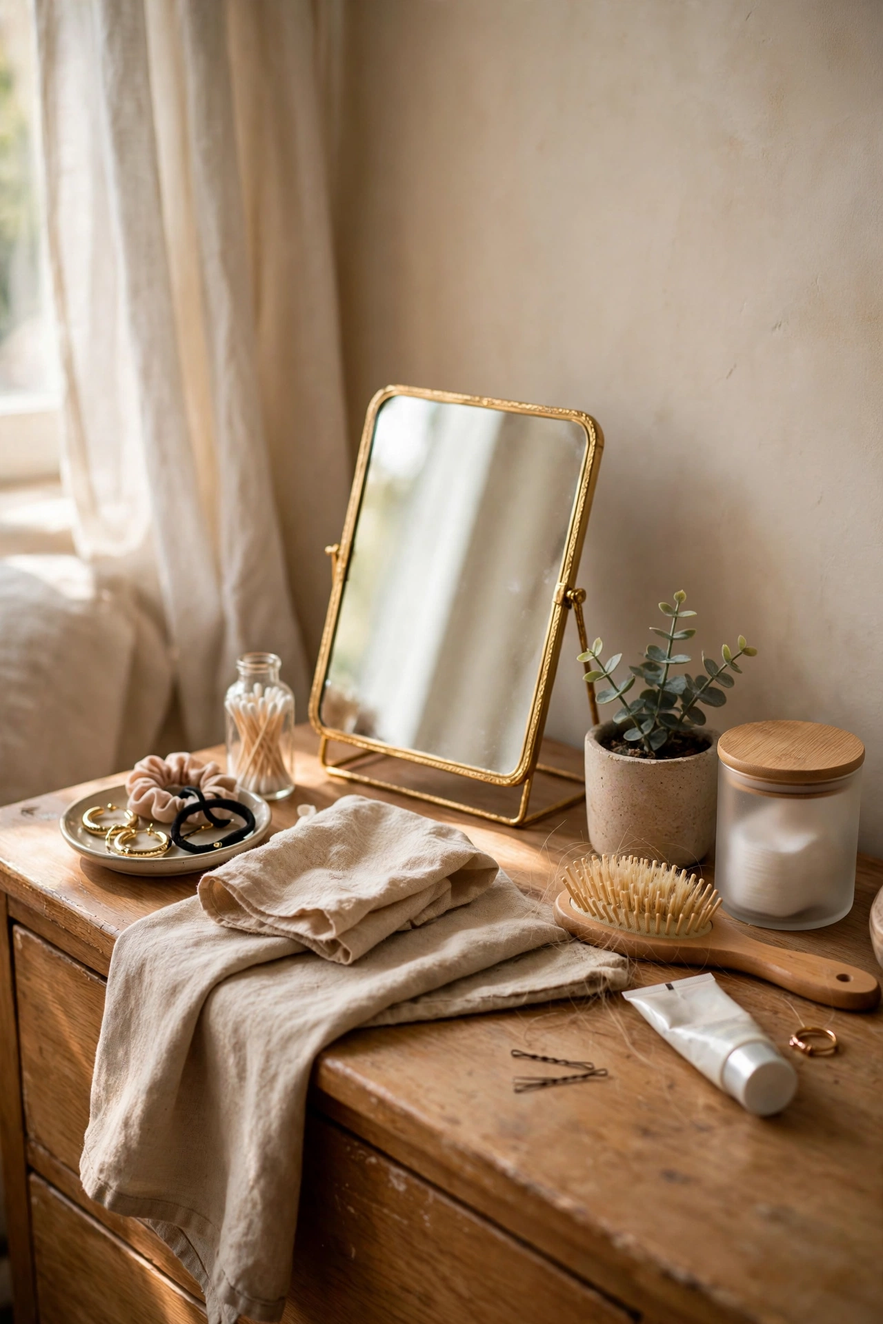Small gold-framed vanity mirror propped on a dresser