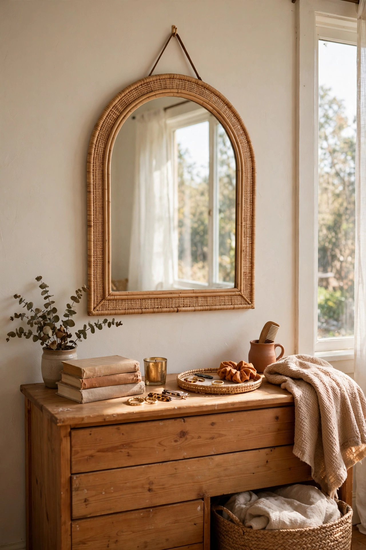Arch-shaped mirror hung centred above a bedroom dresser