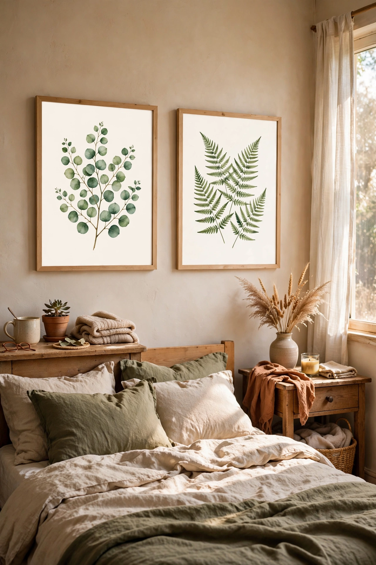 Two matching botanical prints in frames flanking a bed above nightstands
