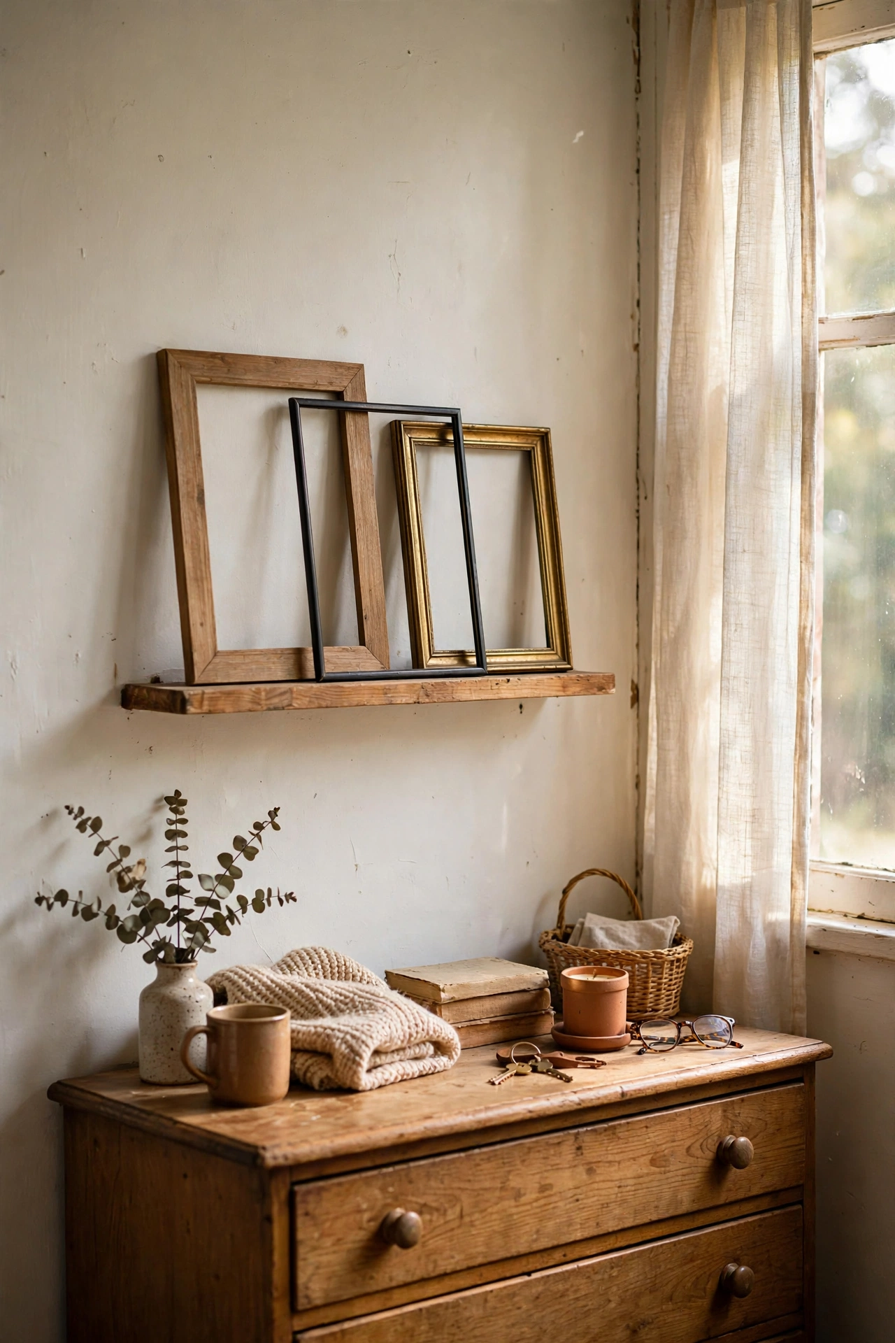 Narrow photo ledge above a dresser with layered picture frames