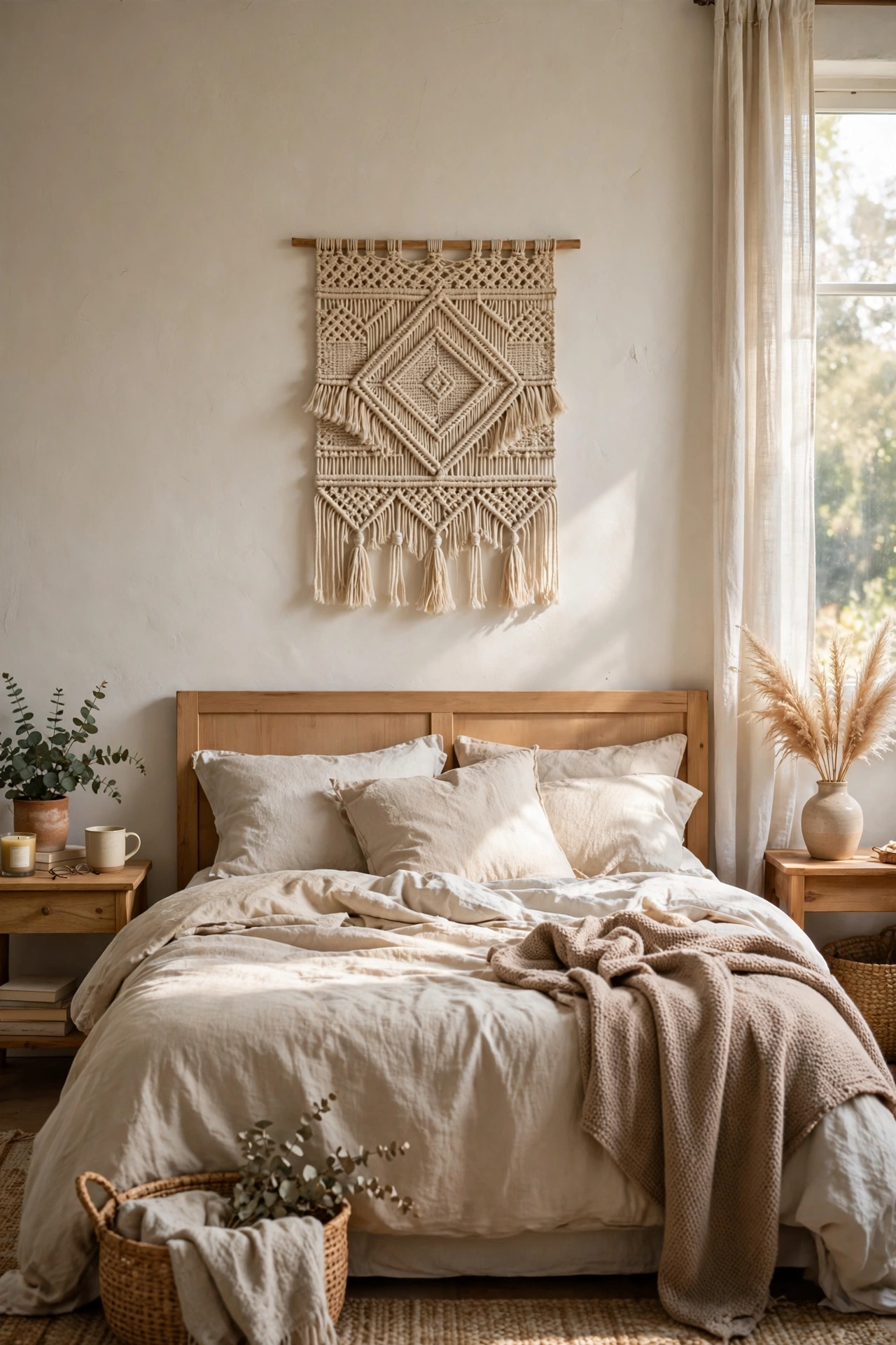 Neutral woven wall hanging centred above a bed headboard