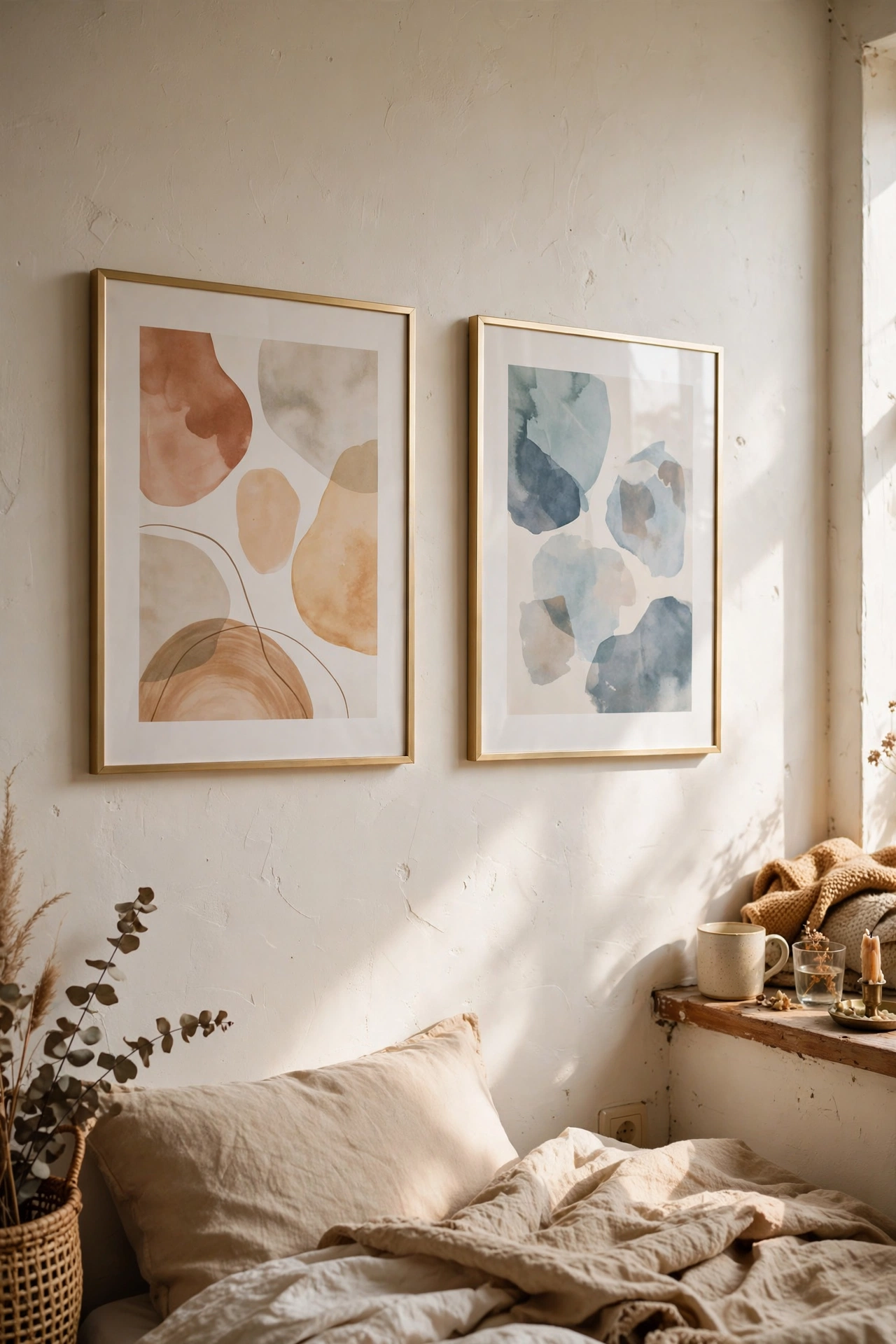 Two abstract prints in slim gold frames on a bedroom wall