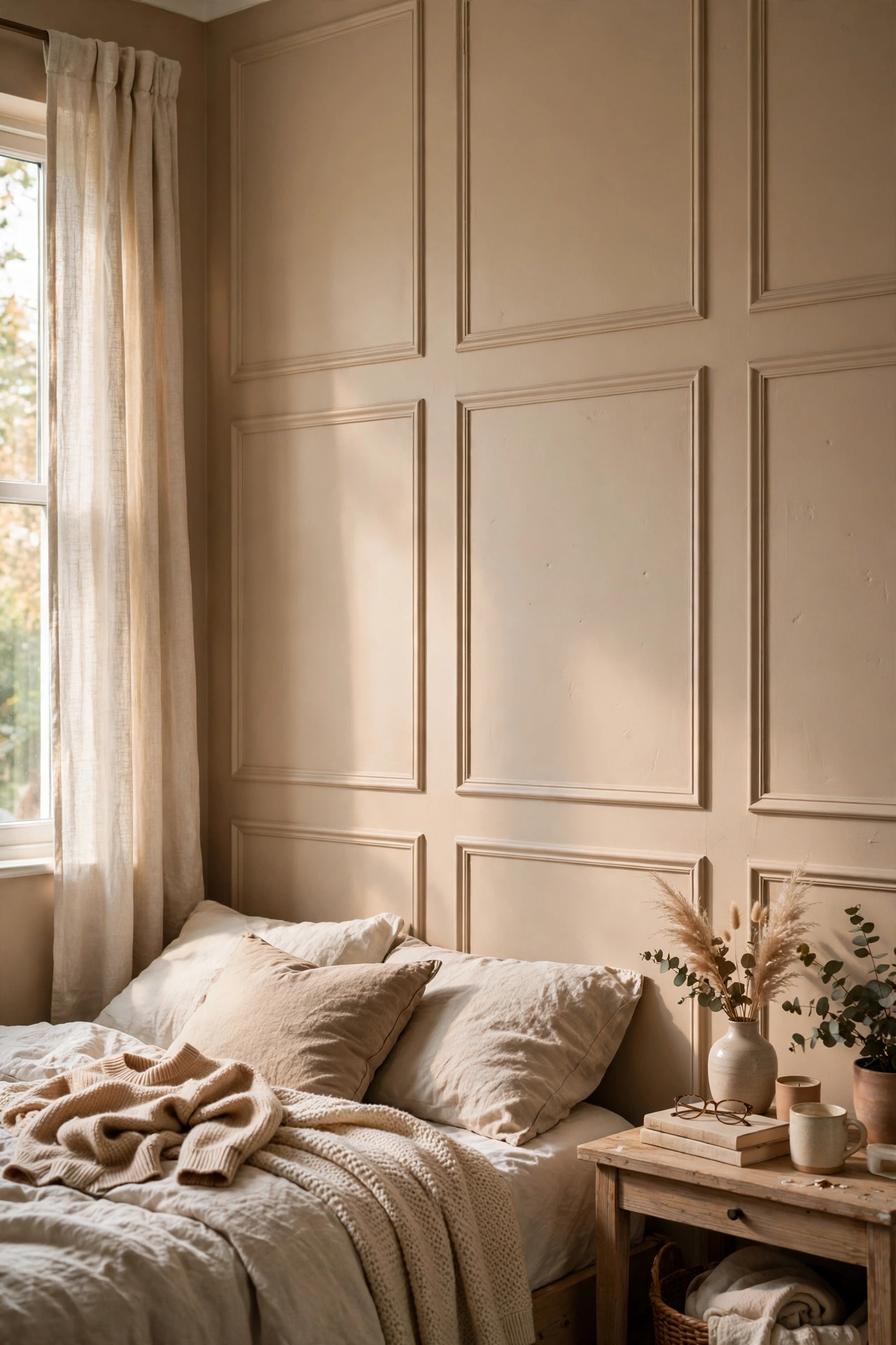 Bedroom wall with peel-and-stick moulding panels painted the wall colour