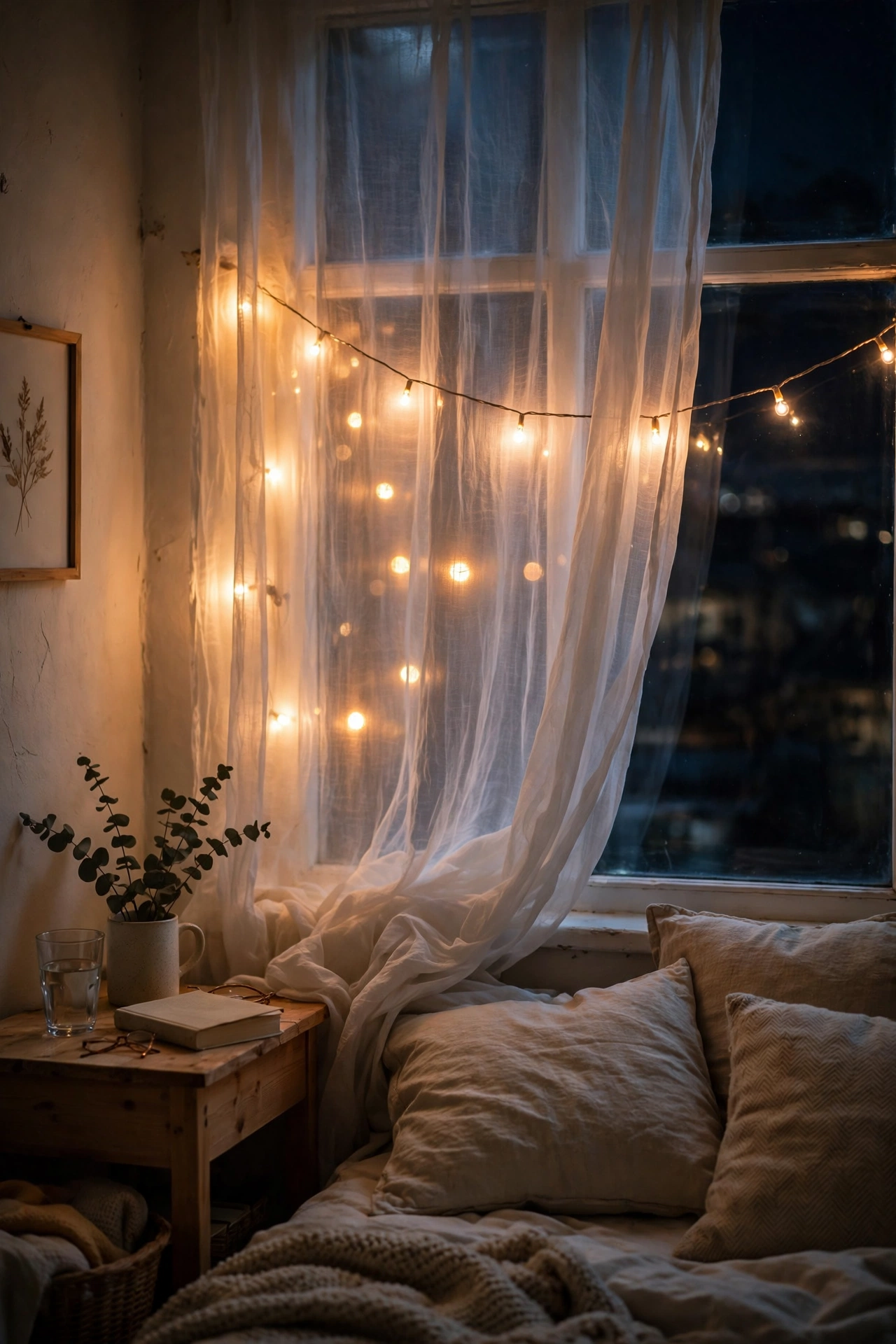 Warm string lights glowing behind sheer curtains in a bedroom at night